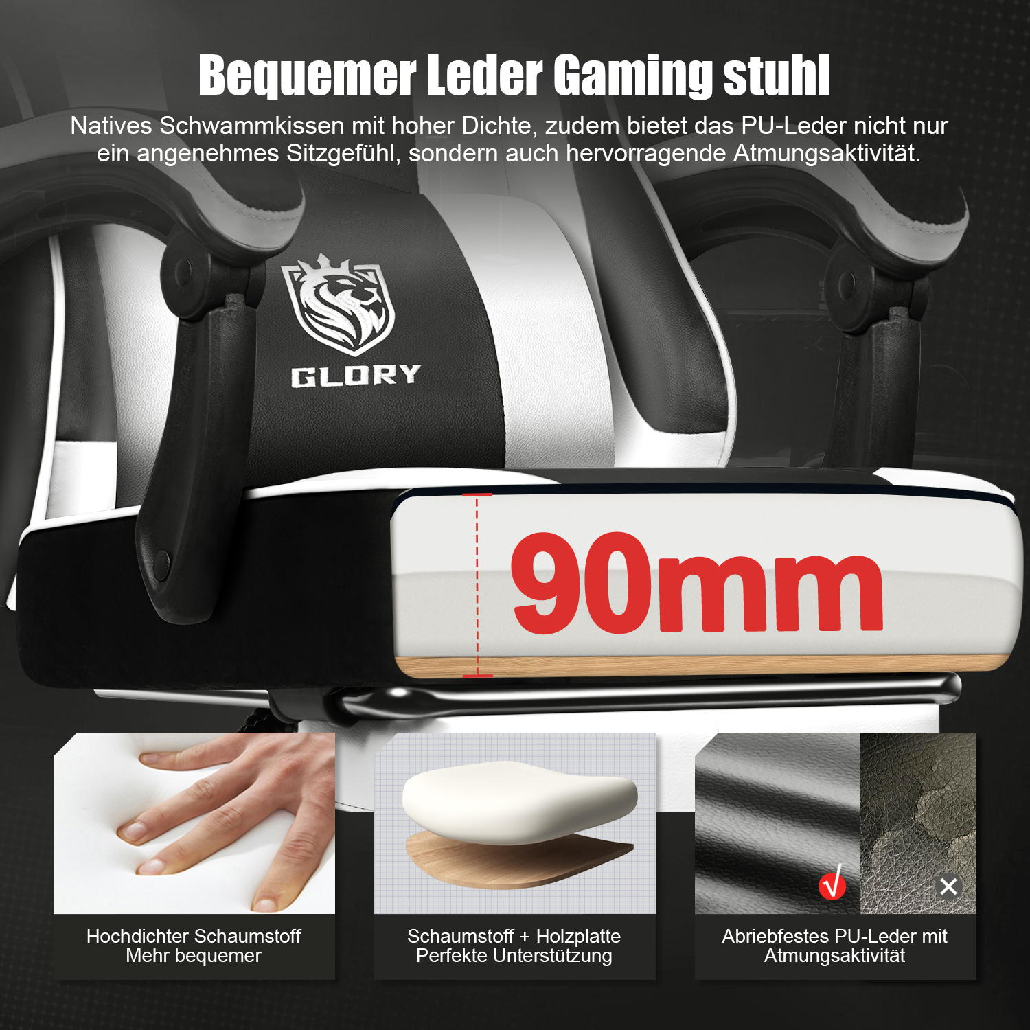 Ein schwarz-weißer Gaming-Stuhl mit 90 mm dickem Kissen, hochdichtem Schaumstoff und strapazierfähigem PU-Leder.