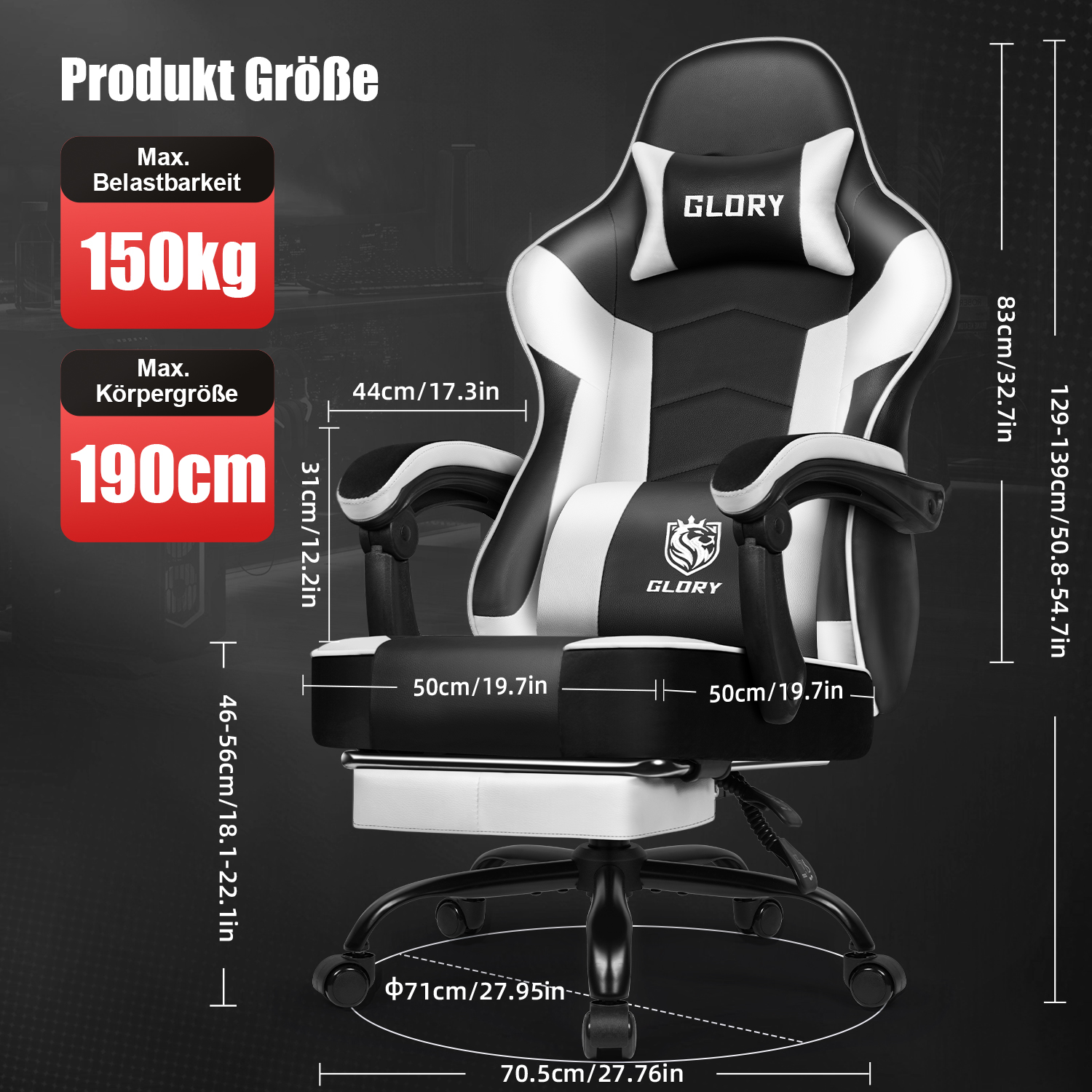 Schwarzer und weißer Glory-Gaming-Stuhl mit detaillierten Maßangaben und roten Infoboxen.