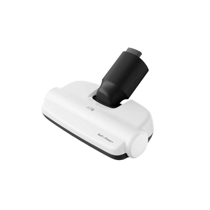Un accesorio de aspiradora AEG BedProPower+ en blanco y negro sobre fondo blanco.