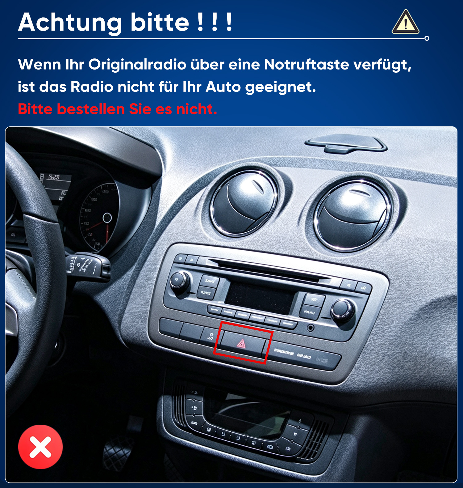 Auto-Armaturenbrett mit roter Markierung auf der Warnblinkertaste und Text über Inkompatibilität.