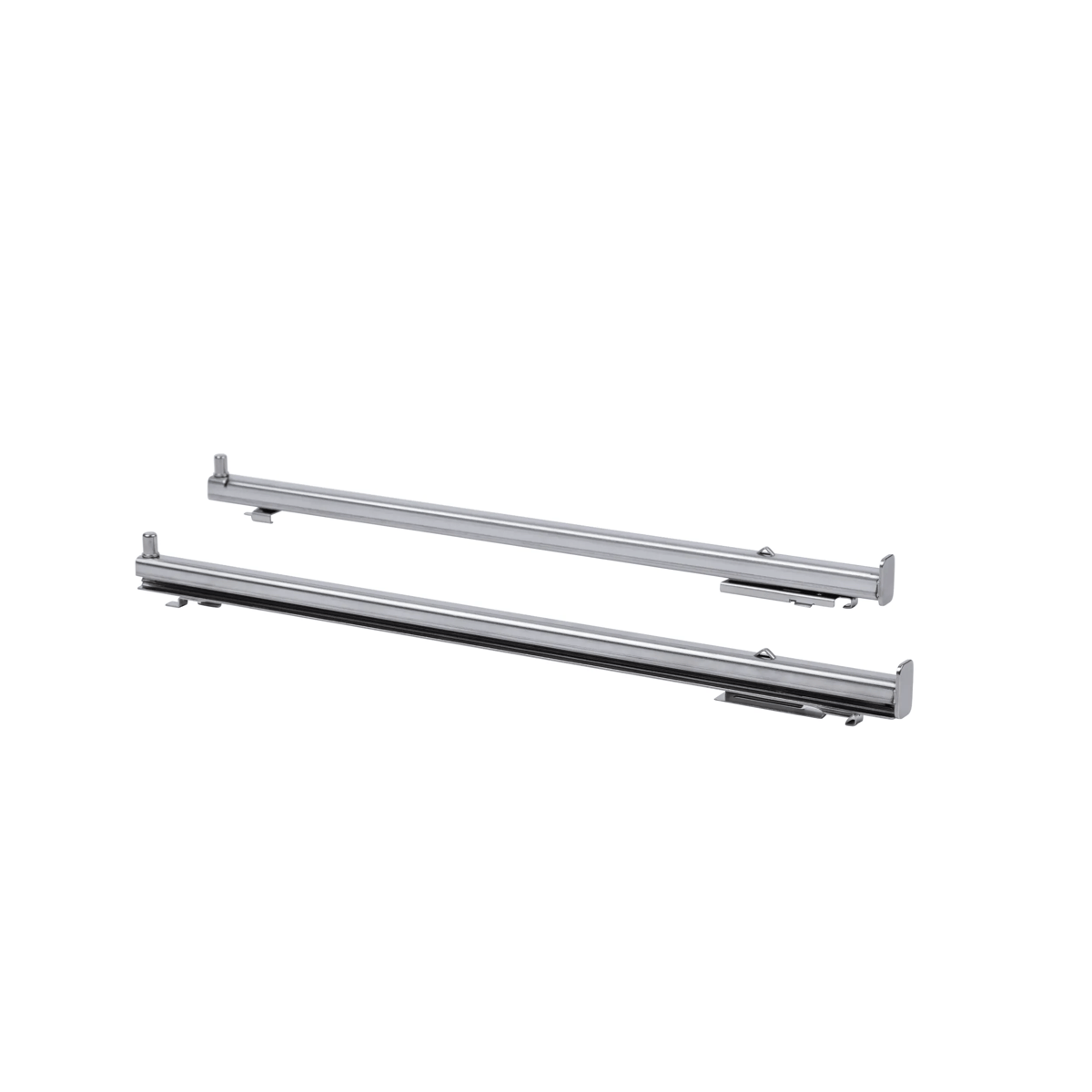 Due guide metalliche argentate con perni e staffe su sfondo bianco.