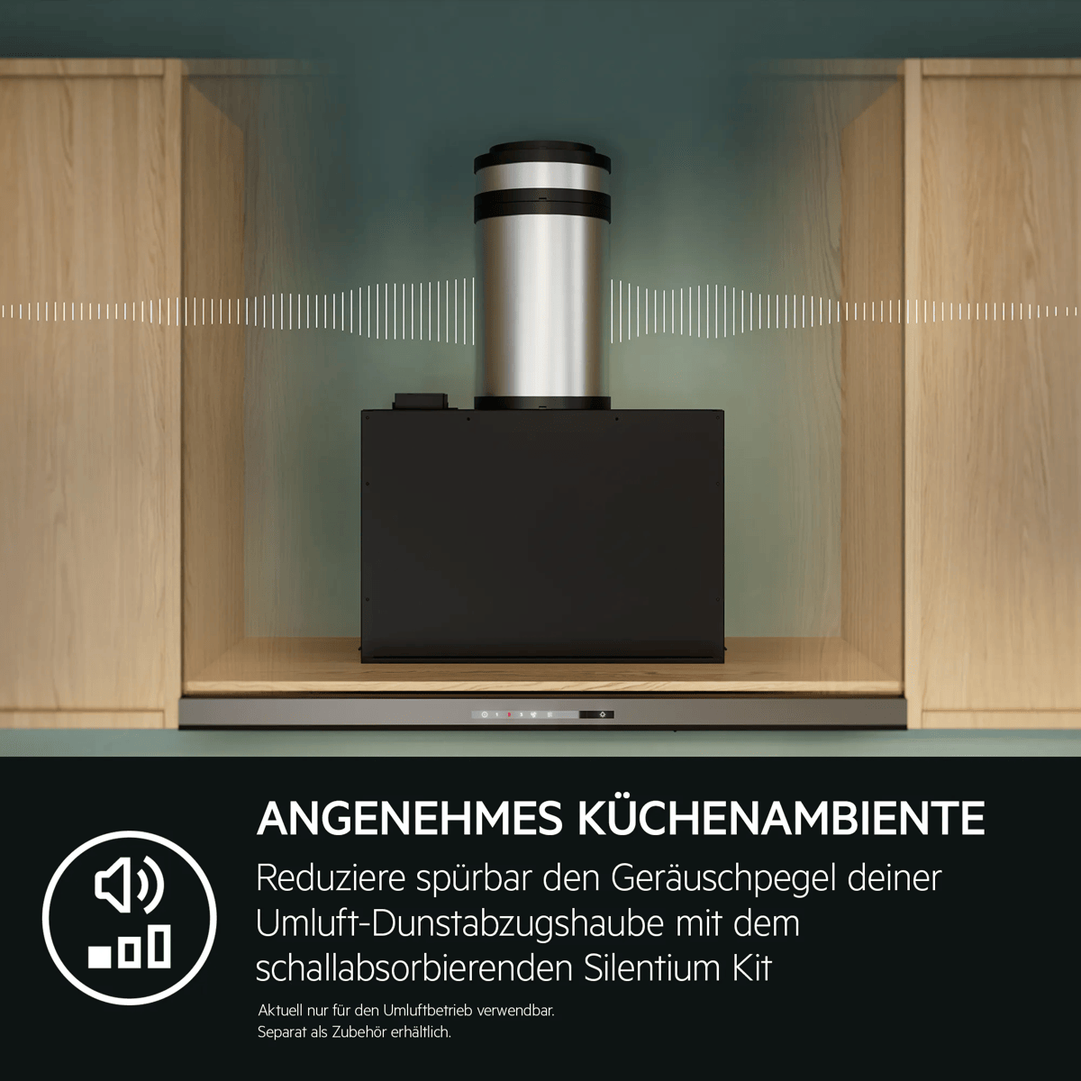 Kit Silentium fonoabsorbente para campanas extractoras de recirculación entre muebles de cocina.