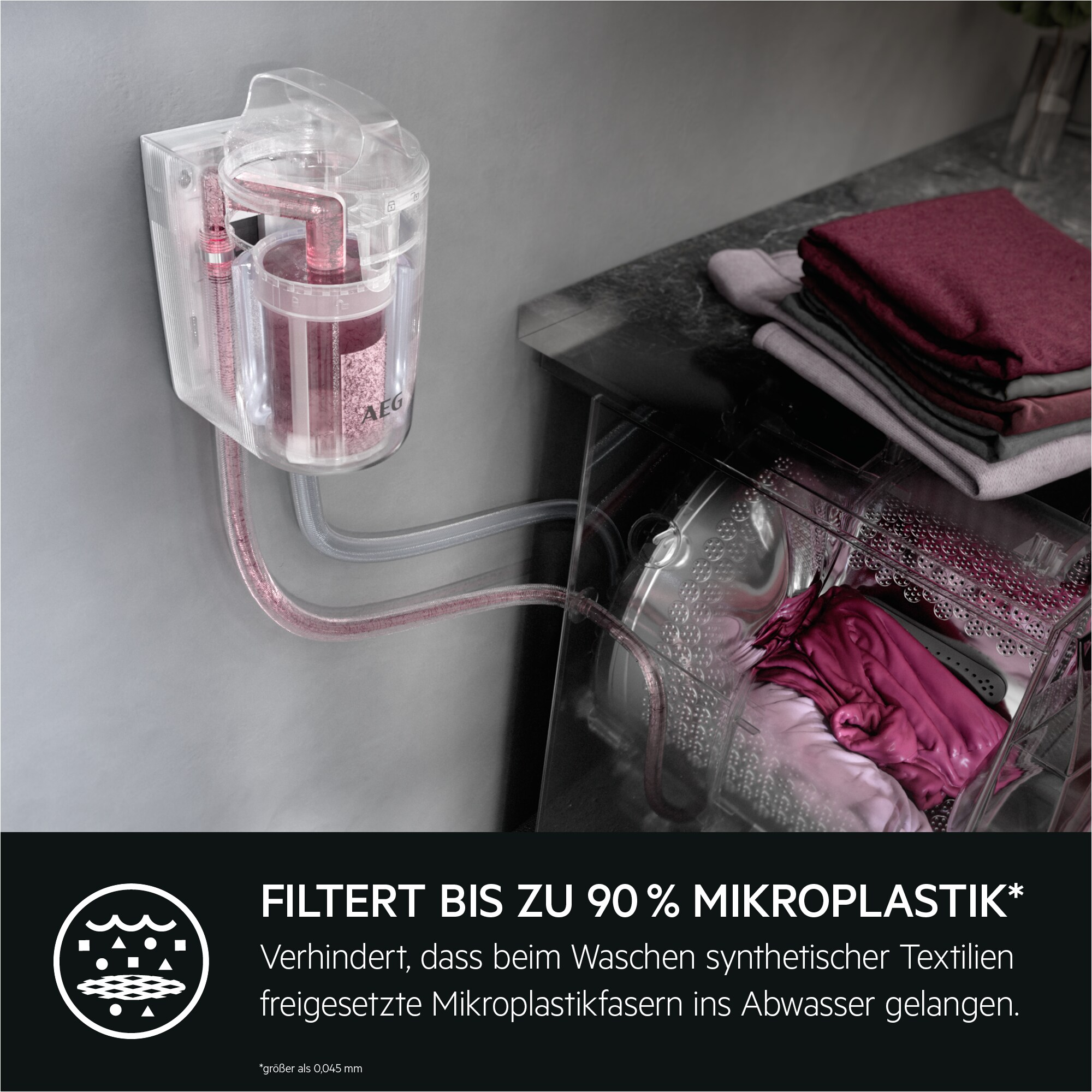 Wandmontierter AEG-Mikroplastikfilter mit transparentem Gehäuse, verbunden mit einer Waschmaschine.