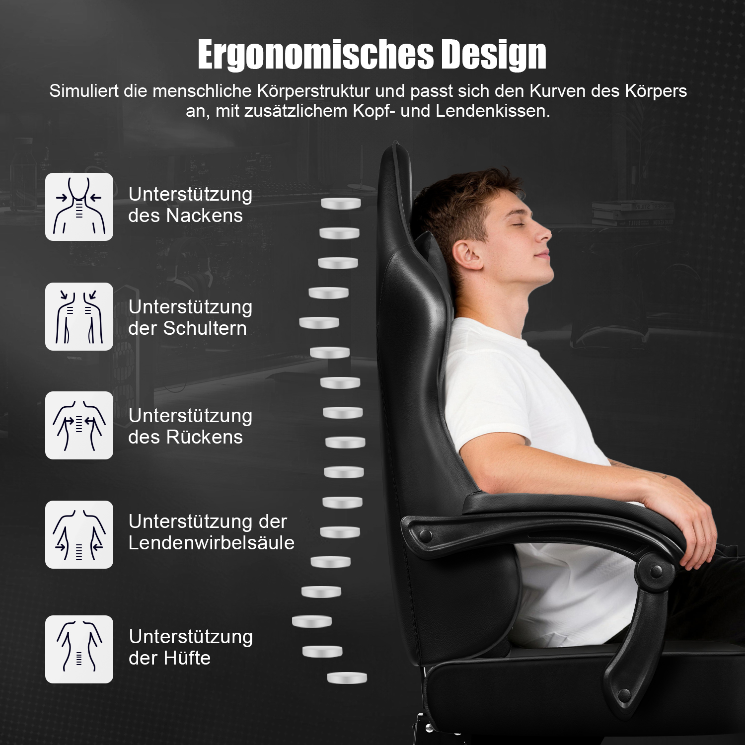 Ein Mann entspannt in einem ergonomischen schwarzen Gaming-Stuhl mit Symbolen zur Wirbelsäulenunterstützung.