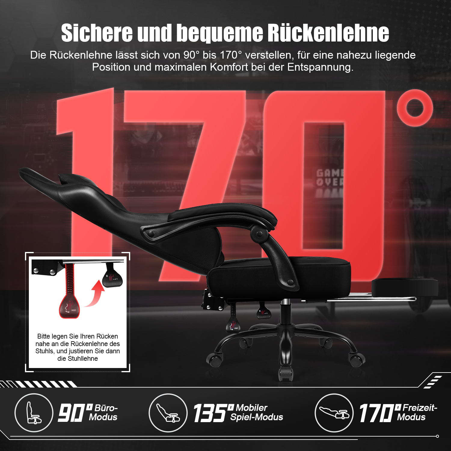 Ein schwarzer Gaming-Stuhl, der auf 170 Grad geneigt ist, mit Fußstütze und deutschem Text.