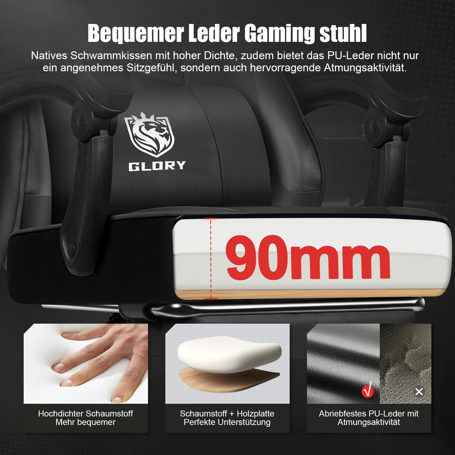 Gaming-Stuhl mit 90 mm dickem Schaumstoffkissen, hoher Dichte, Holzplatte und atmungsaktivem PU-Leder.