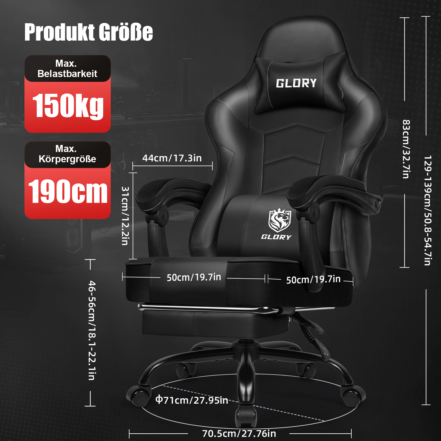 Schwarzer Glory Gaming-Stuhl mit Maßen, 150kg Belastbarkeit und 190cm empfohlener Körpergröße.
