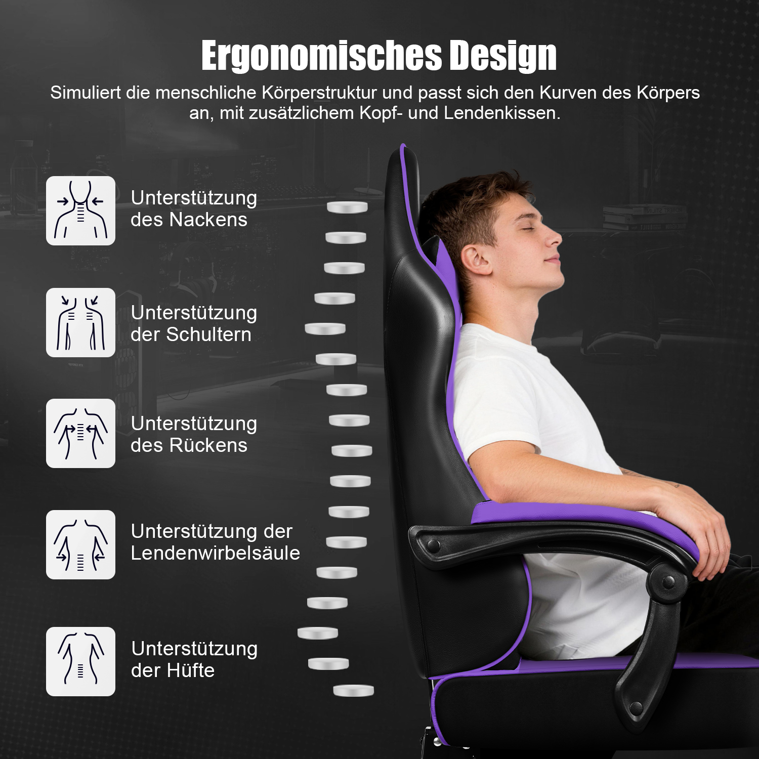 Ein Mann sitzt entspannt in einem ergonomischen schwarz-lila Stuhl, der Rücken- und Nackenunterstützung zeigt.