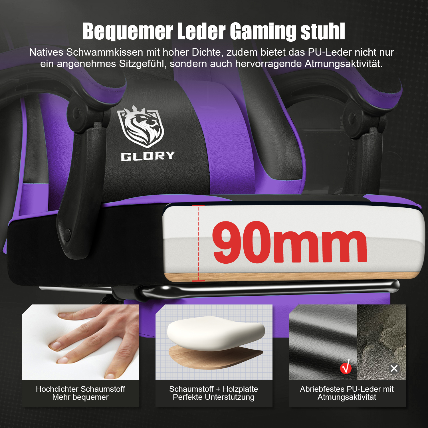 Lila-schwarzer Gaming-Stuhl mit 90mm dickem Schaumstoffkissen und Details zum PU-Leder.