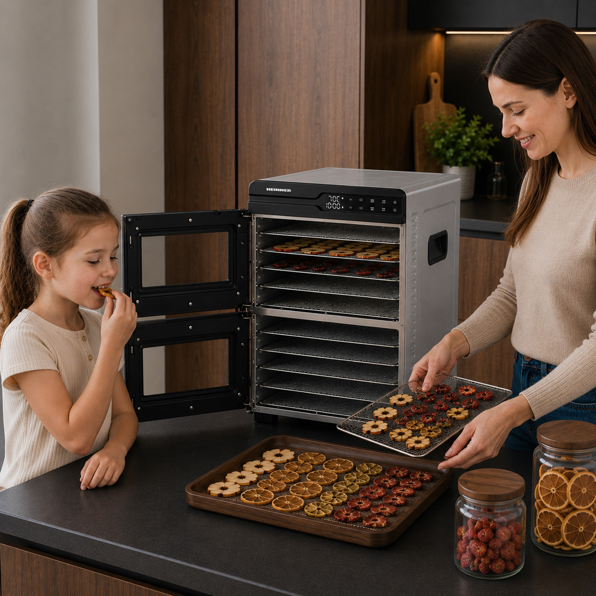 Eine Mutter und Tochter nutzen einen Dörrautomaten in der Küche, auf dem Tisch liegen getrocknete Früchte.