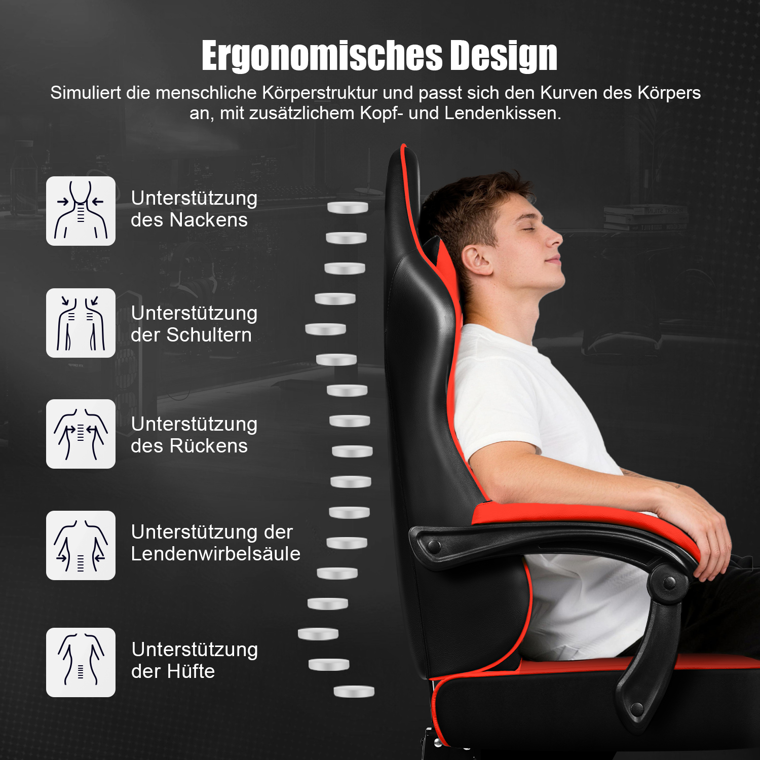 Ein Mann sitzt in einem ergonomischen Schwarz-Roten Gaming-Stuhl, mit Diagrammen zur Körperunterstützung.