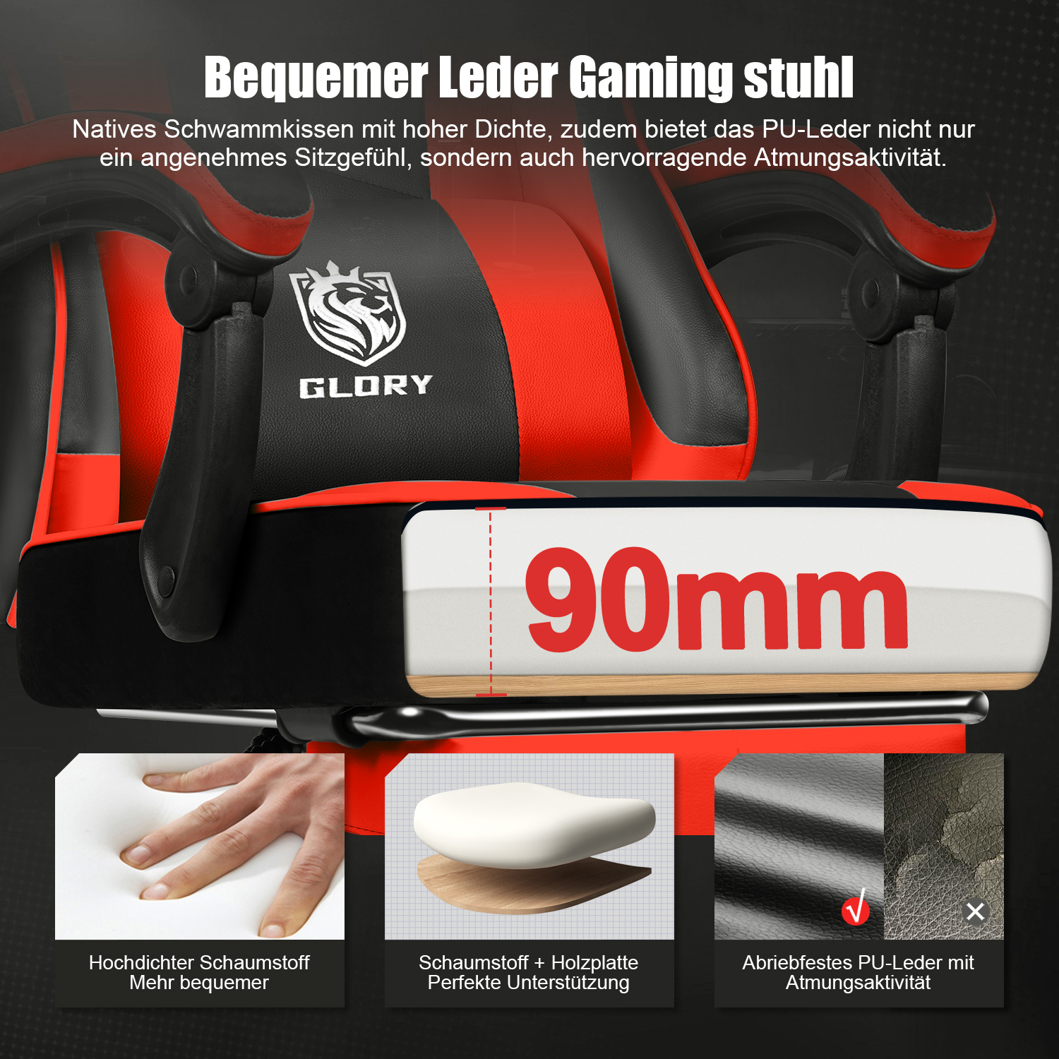 Glory Gaming-Stuhl in Rot und Schwarz mit 90mm Schaumstoffkissen, Holzplatte und abriebfestem PU-Leder.