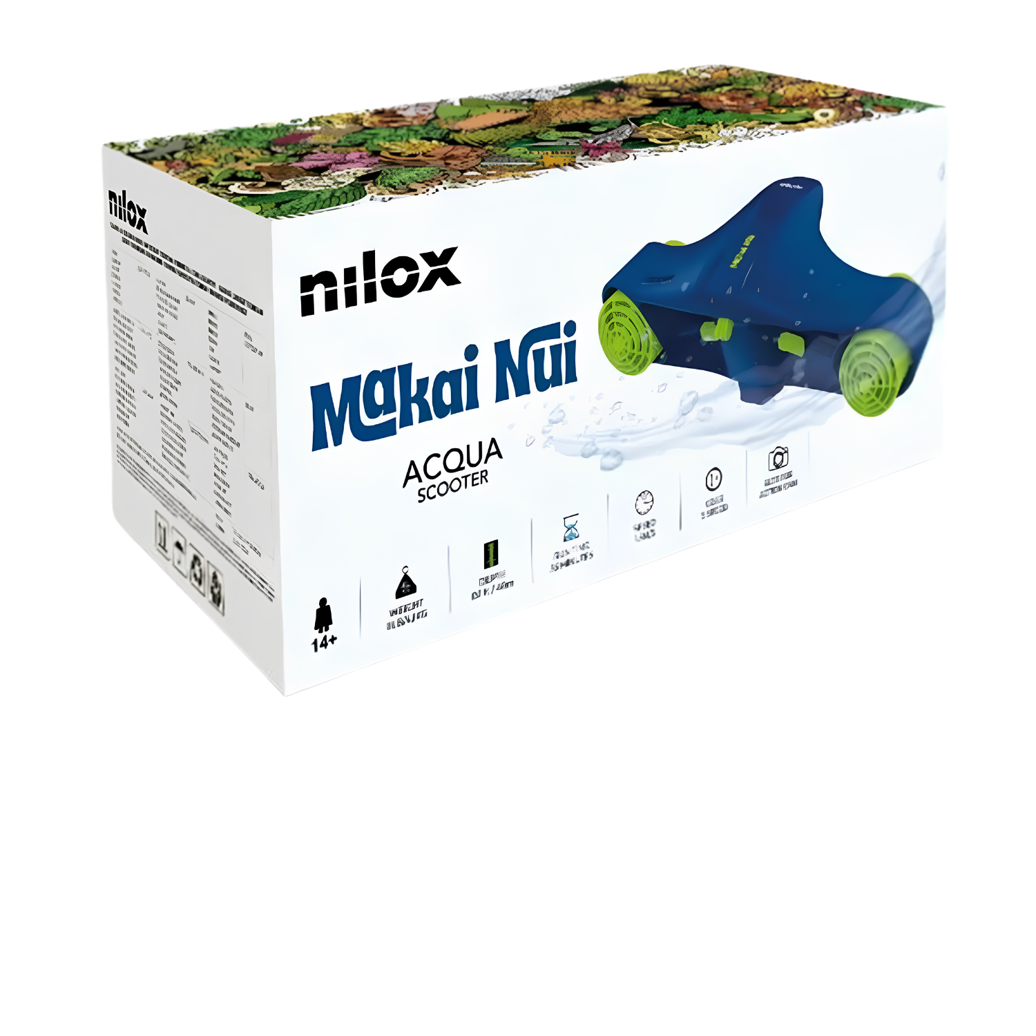 Scatola di imballaggio per lo scooter d'acqua Nilox Makai Nui, con dispositivo blu e verde.