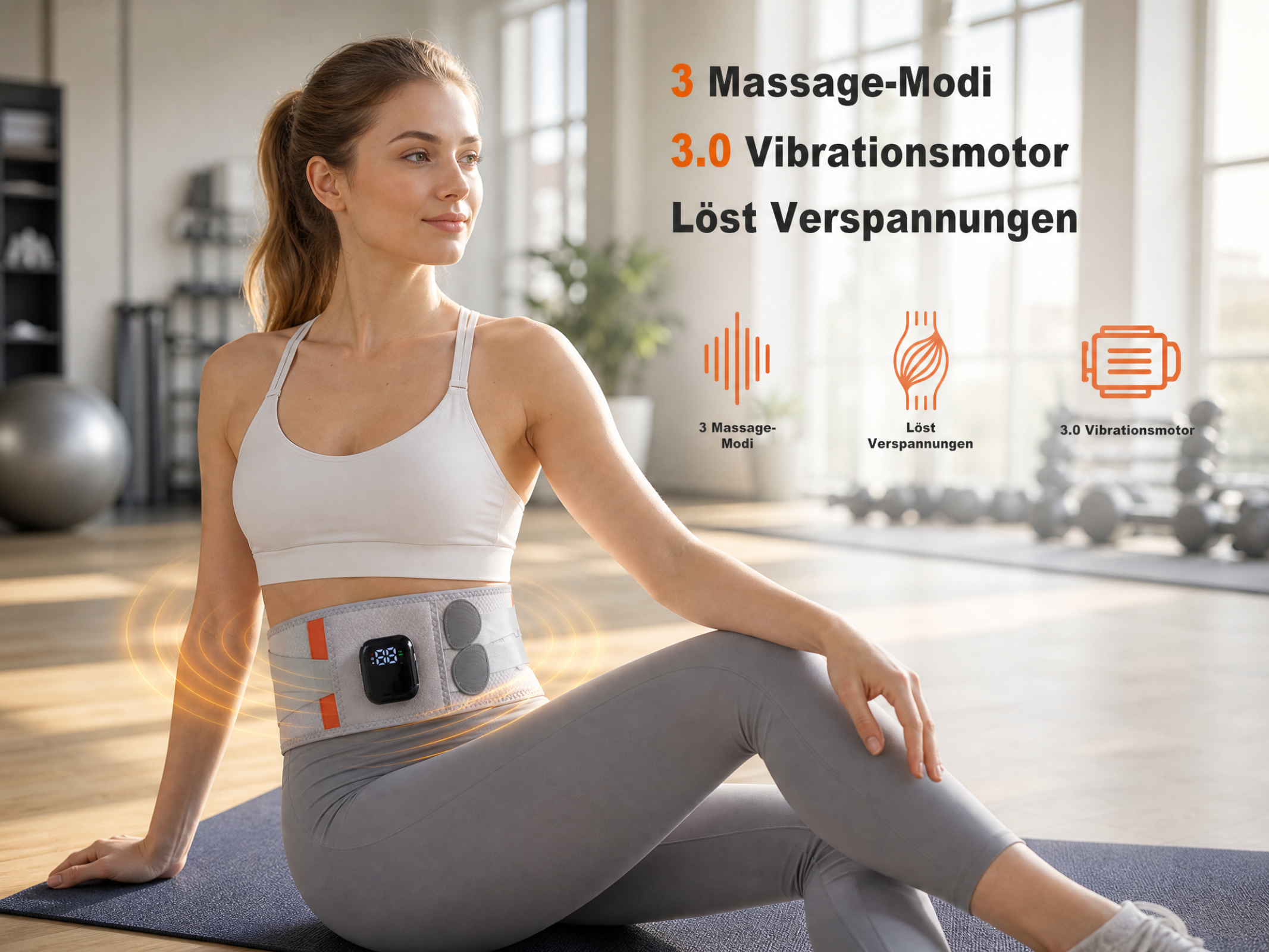 Frau in Sportkleidung sitzt auf einer Matte und trägt einen Massagegürtel mit digitalen Bedienelementen.
