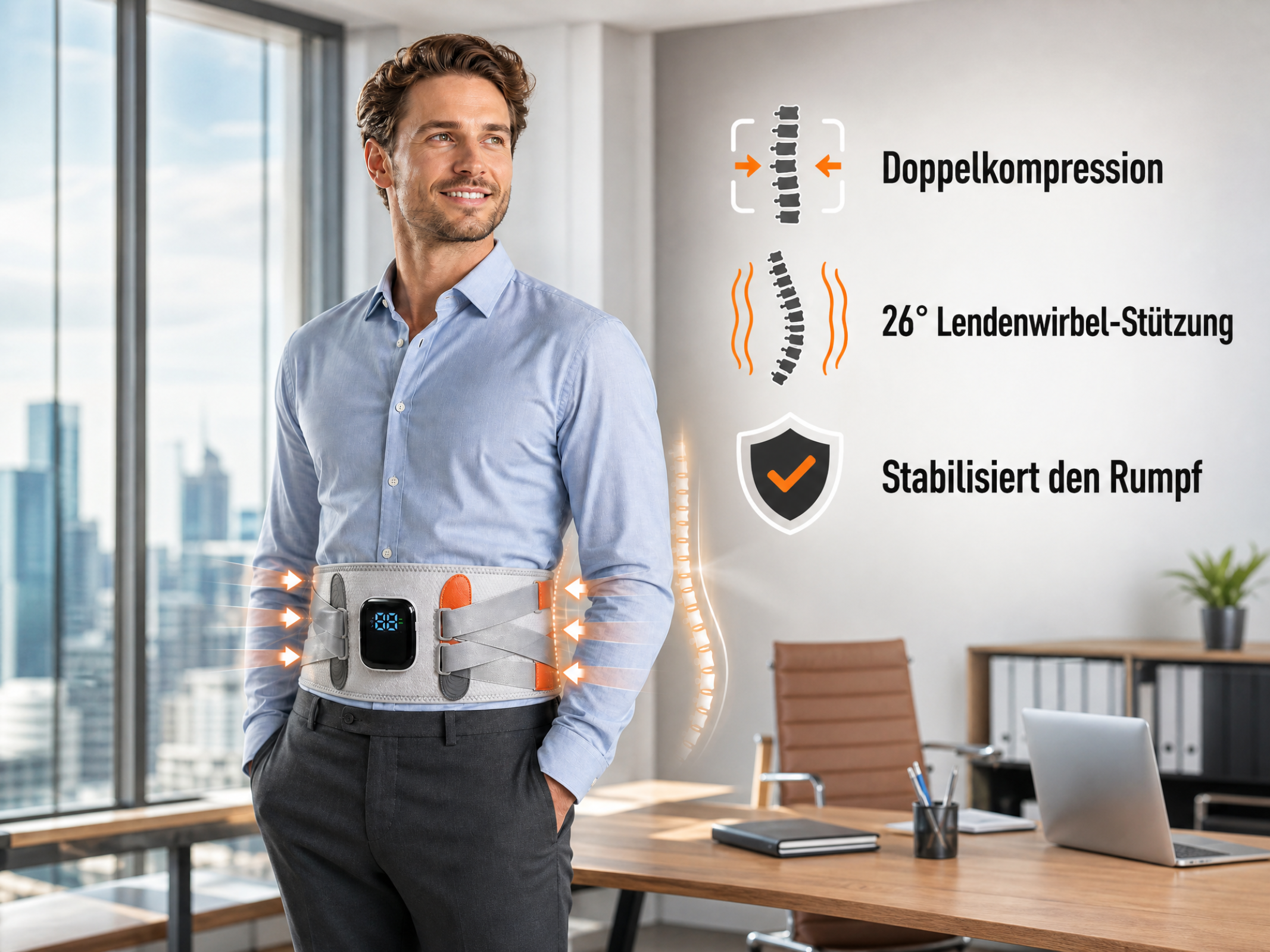 Ein Mann im Hemd trägt einen medizinischen Rückengurt mit Display in einem modernen Büro.