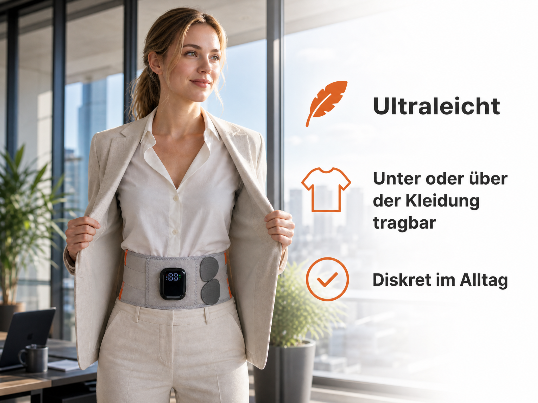 Eine lächelnde Frau in einem Beigebicolor trägt einen grauen Medizin-Gürtel mit schwarzem Display und drei Icons.