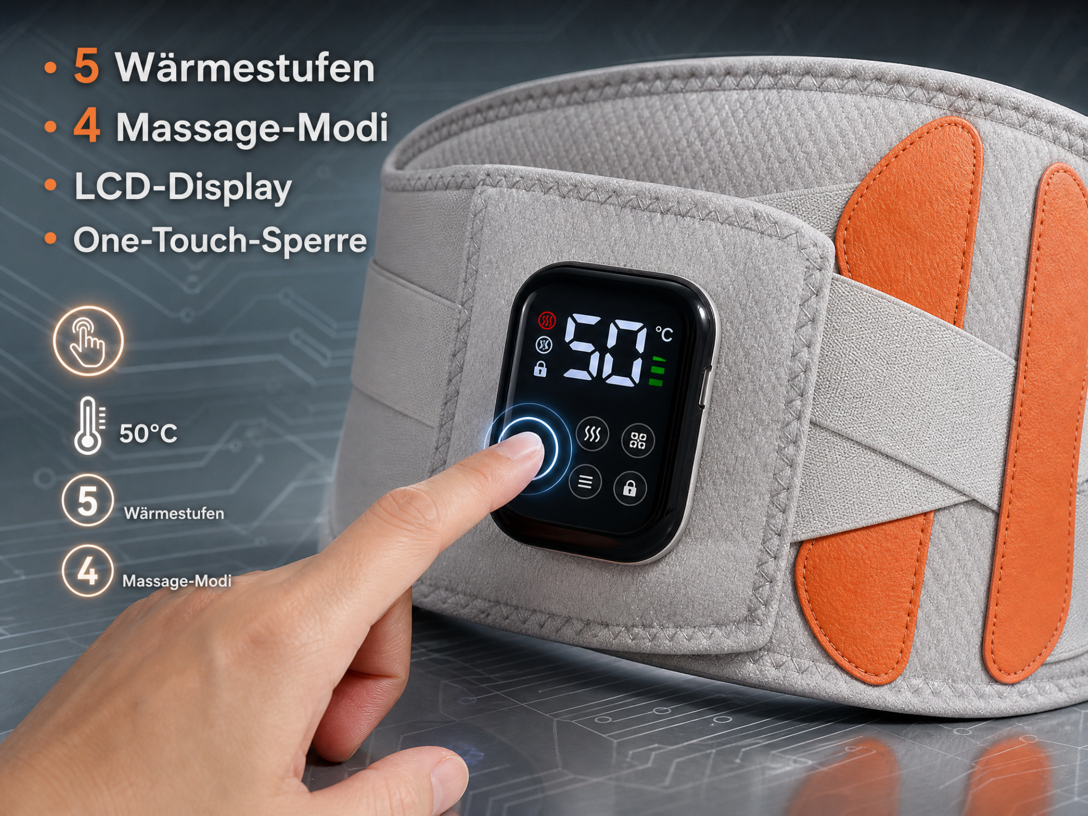 Grauer Wärmegürtel mit LCD-Display, orangefarbenen Akzenten und Berührung durch einen Finger.