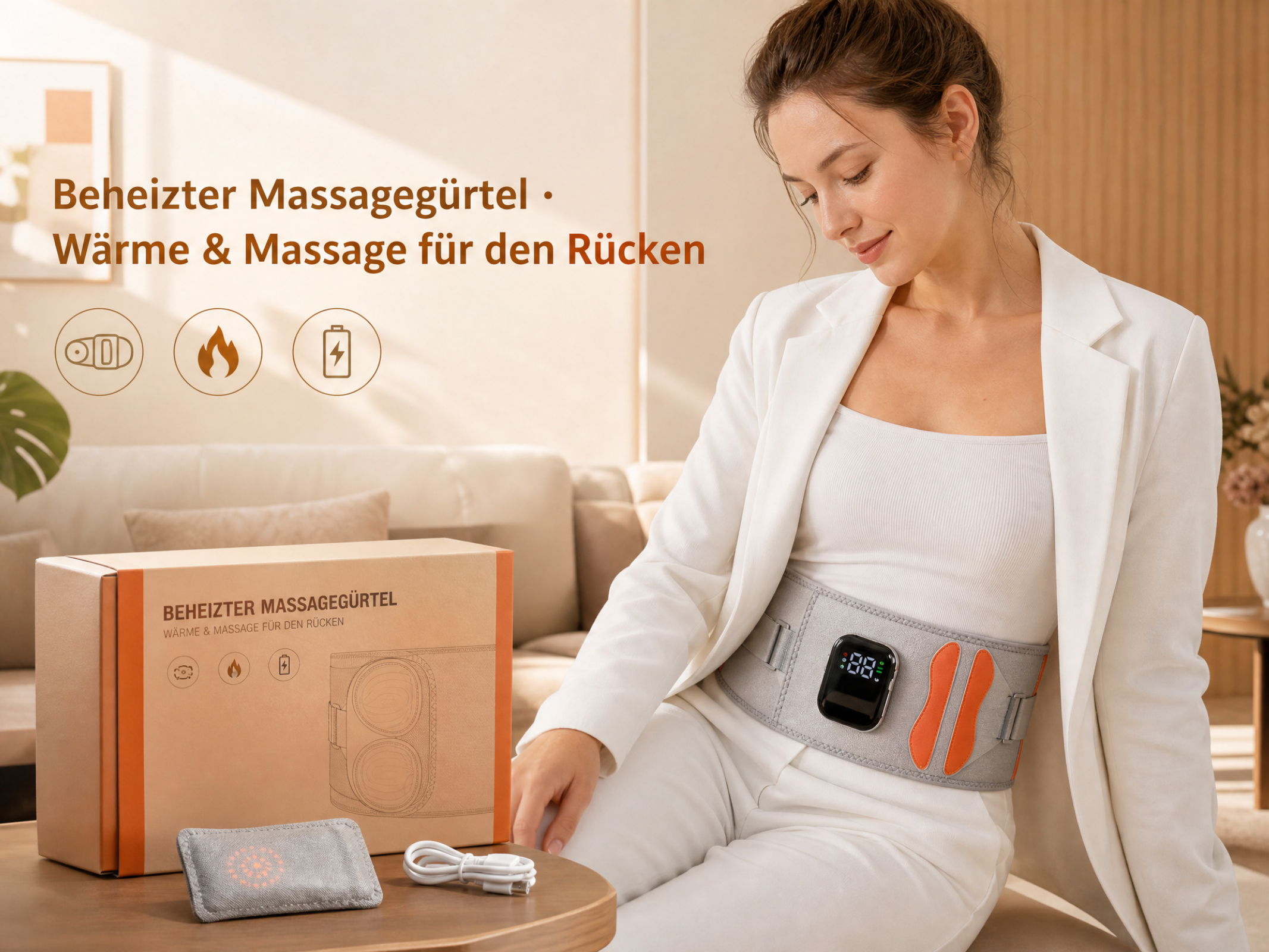 Eine Frau in weißer Kleidung trägt einen beheizten Massagegürtel. Links steht die Produktverpackung.
