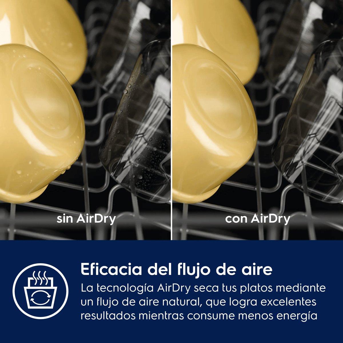 Comparación de platos en un lavavajillas sin y con la tecnología AirDry para resultados secos.