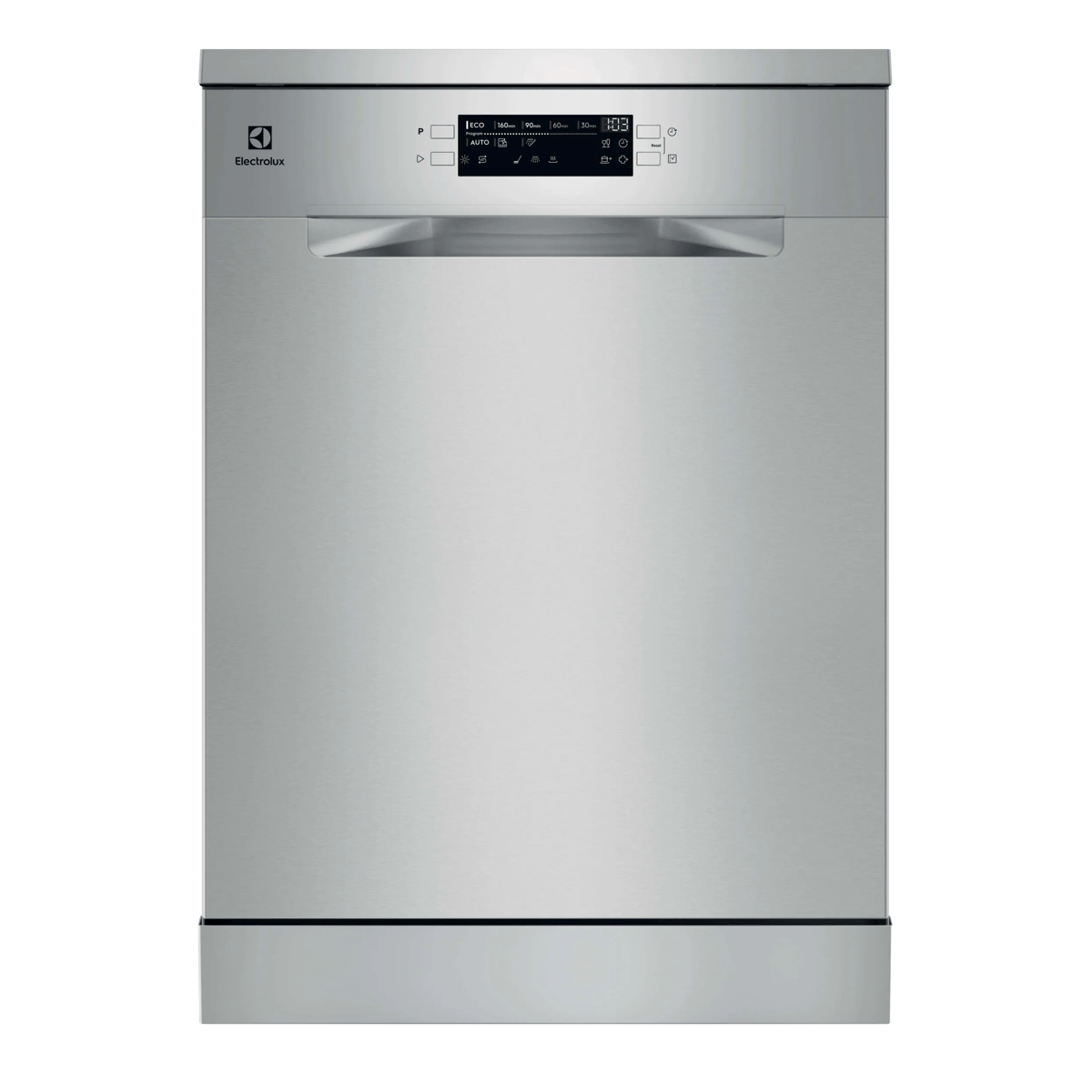 Un lavavajillas Electrolux plateado con panel de control digital.
