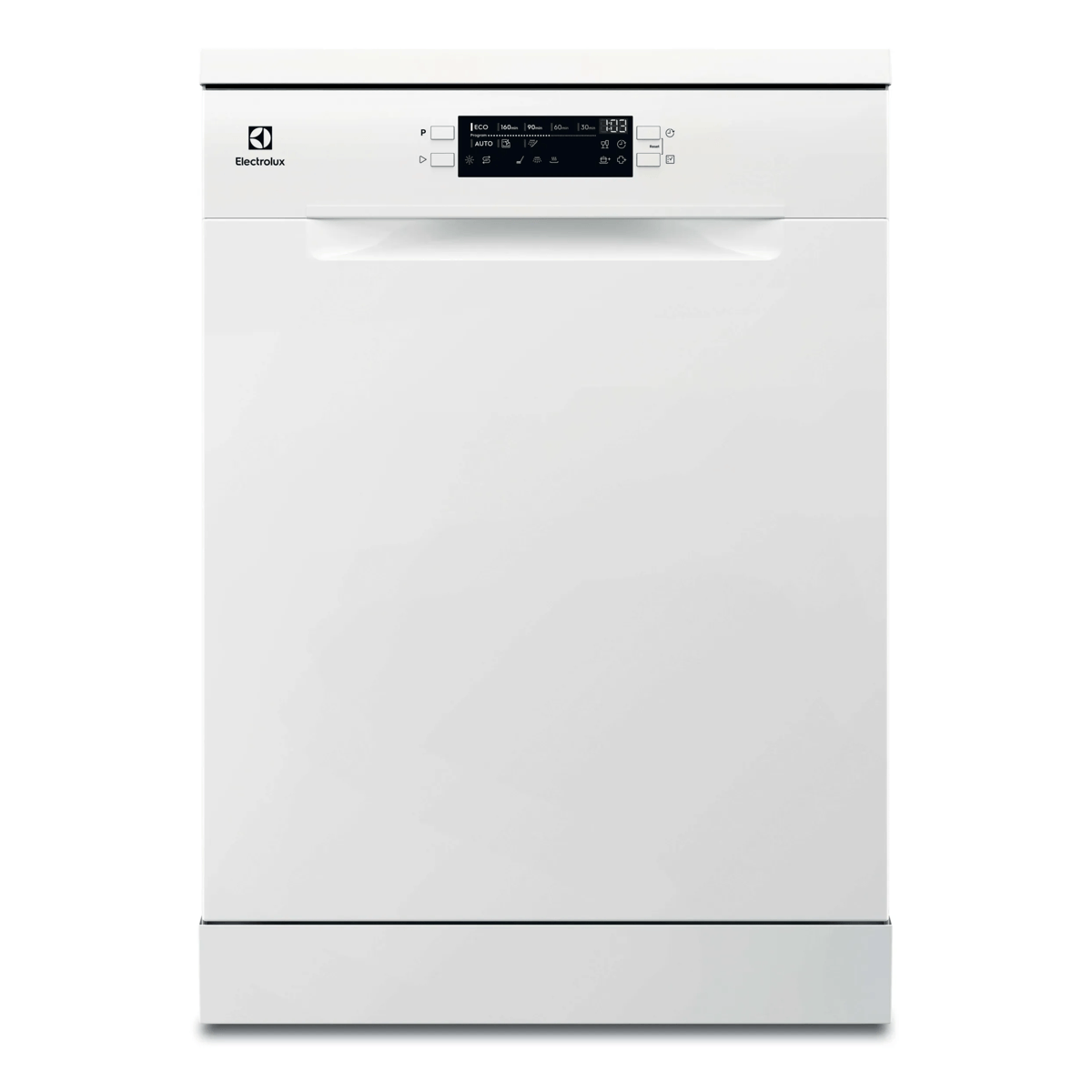 Un lavavajillas blanco Electrolux con pantalla digital y tirador empotrado sobre fondo blanco.