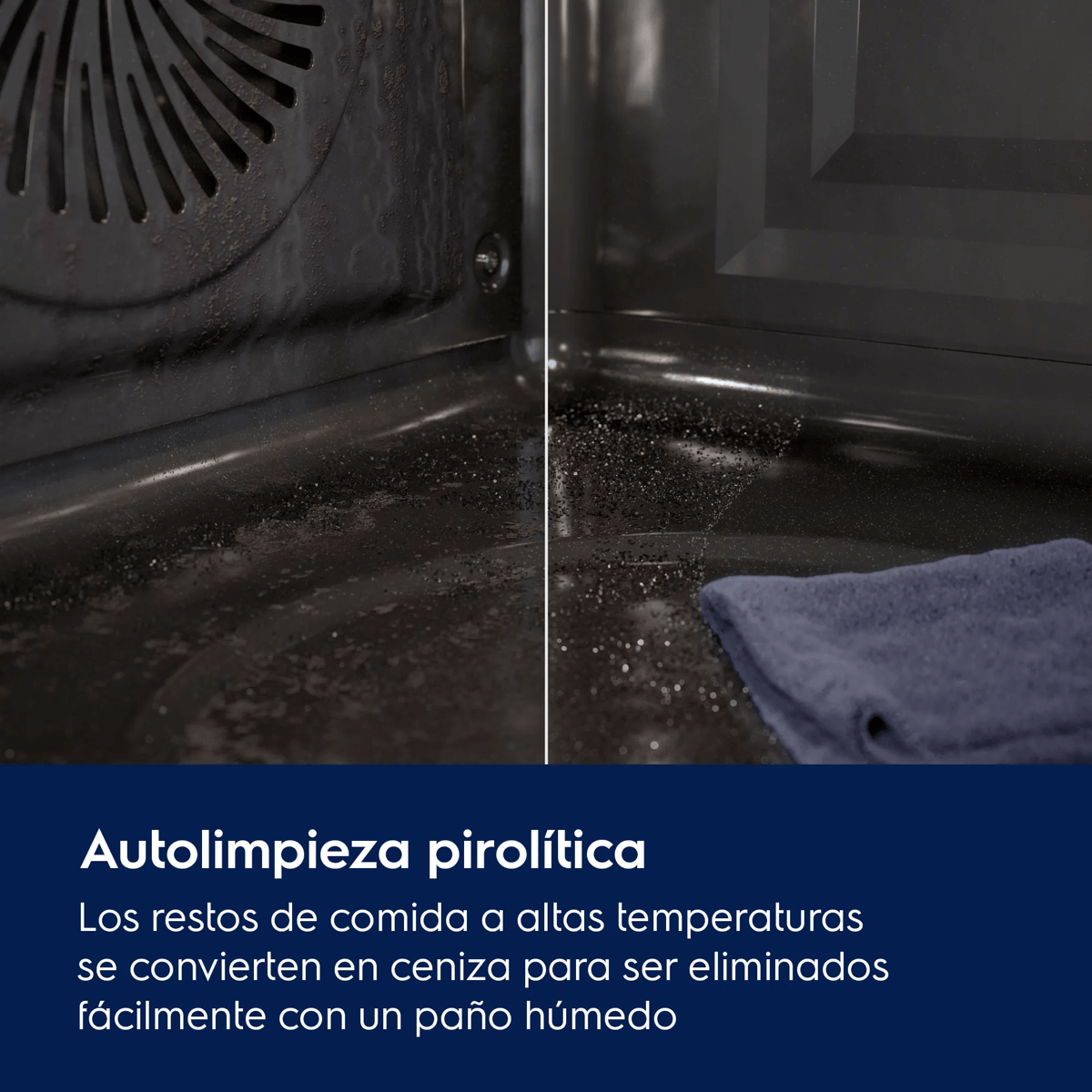Comparación antes y después del interior de un horno, ceniza eliminada fácilmente con un paño.