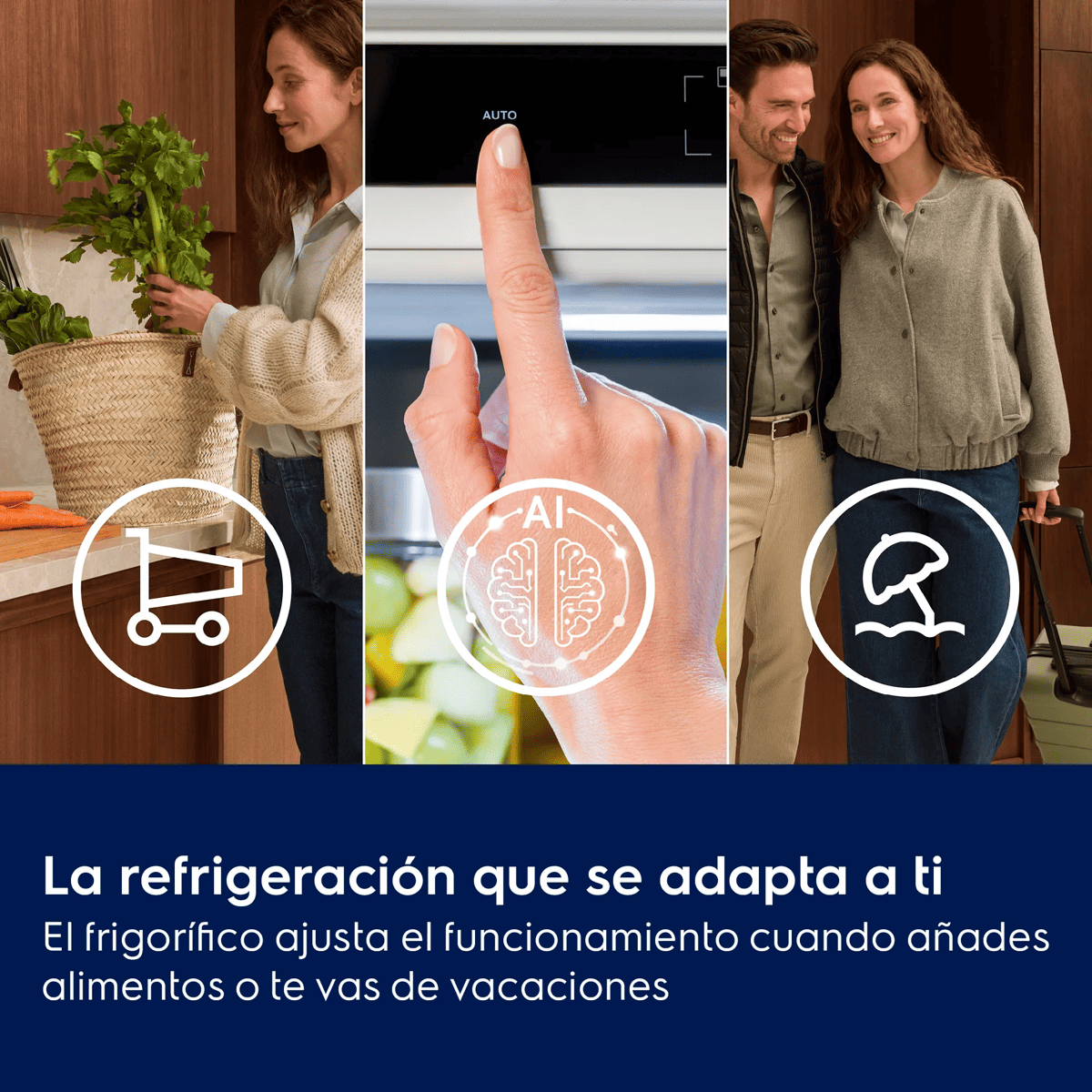 Tres paneles que muestran compra de comida, control táctil IA y viaje de vacaciones con pareja.