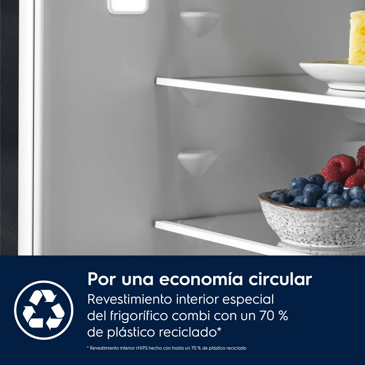 Vista interior de un frigorífico con bayas y queso en las baldas, y texto en español sobre fondo azul.