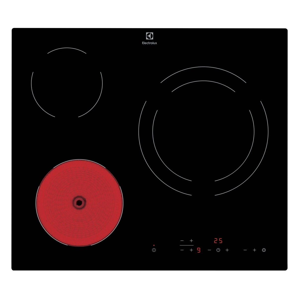 Placa de inducción Electrolux negra con tres zonas de cocción, una brillante en rojo, y controles táctiles abajo.
