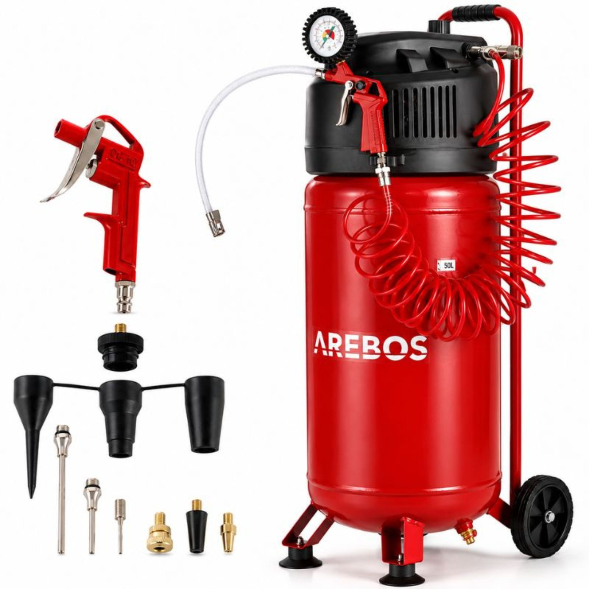 Roter Arebos Kompressor mit Zubehör wie Spritzpistole, Schläuchen und verschiedenen Düsen auf weißem Grund.