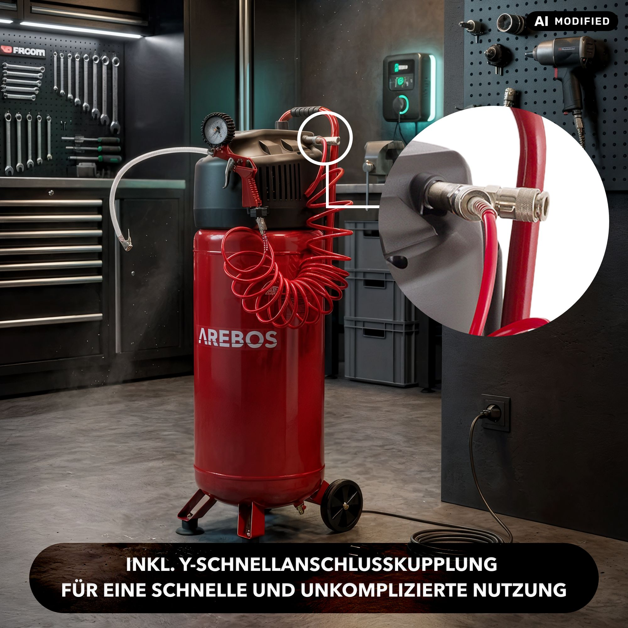 Roter Arebos Kompressor mit Spiralschlauch und Y-Schnellkupplung in Werkstatt.