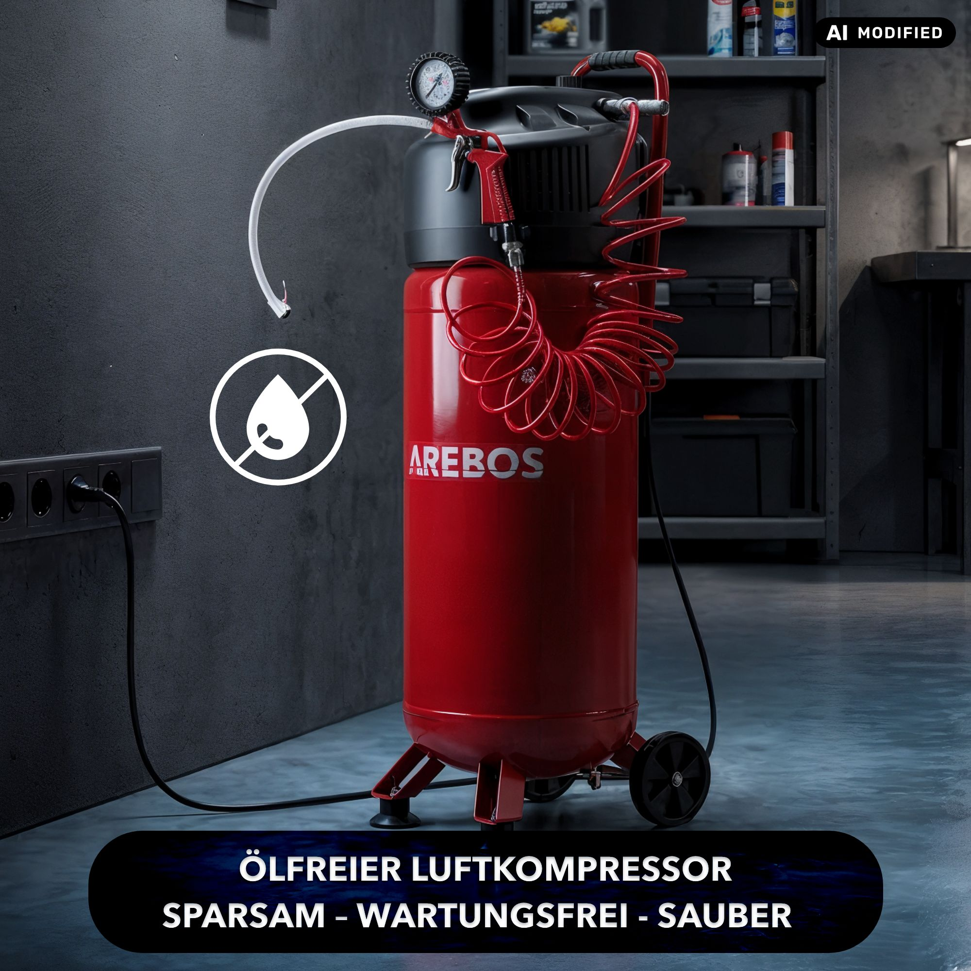 Ein roter ölfreier Arebos-Luftkompressor mit Spiralschlauch und Manometer steht drinnen auf Betonboden.