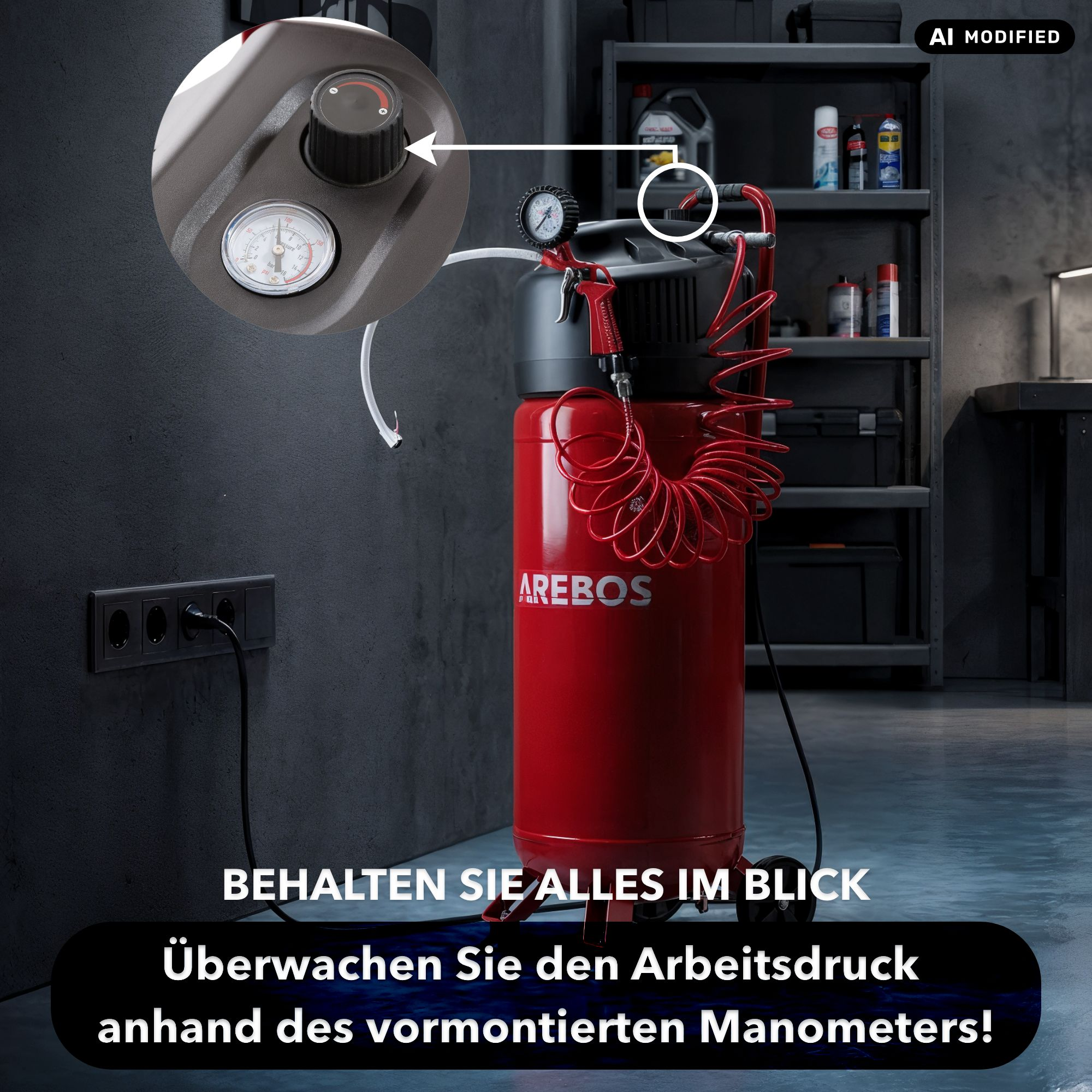 Ein roter Arebos Kompressor in einer Werkstatt mit einem vergrößerten Detail des Manometers.