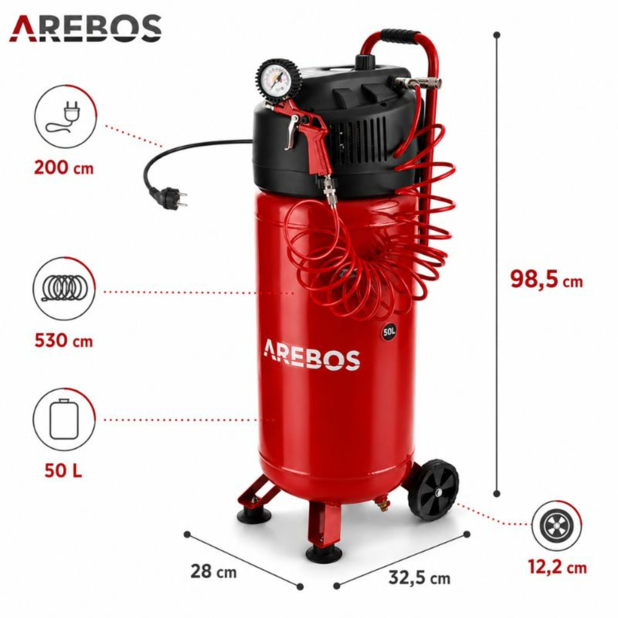 Ein roter Arebos Kompressor mit 50L Tank und Maßen von 98,5 cm Höhe.
