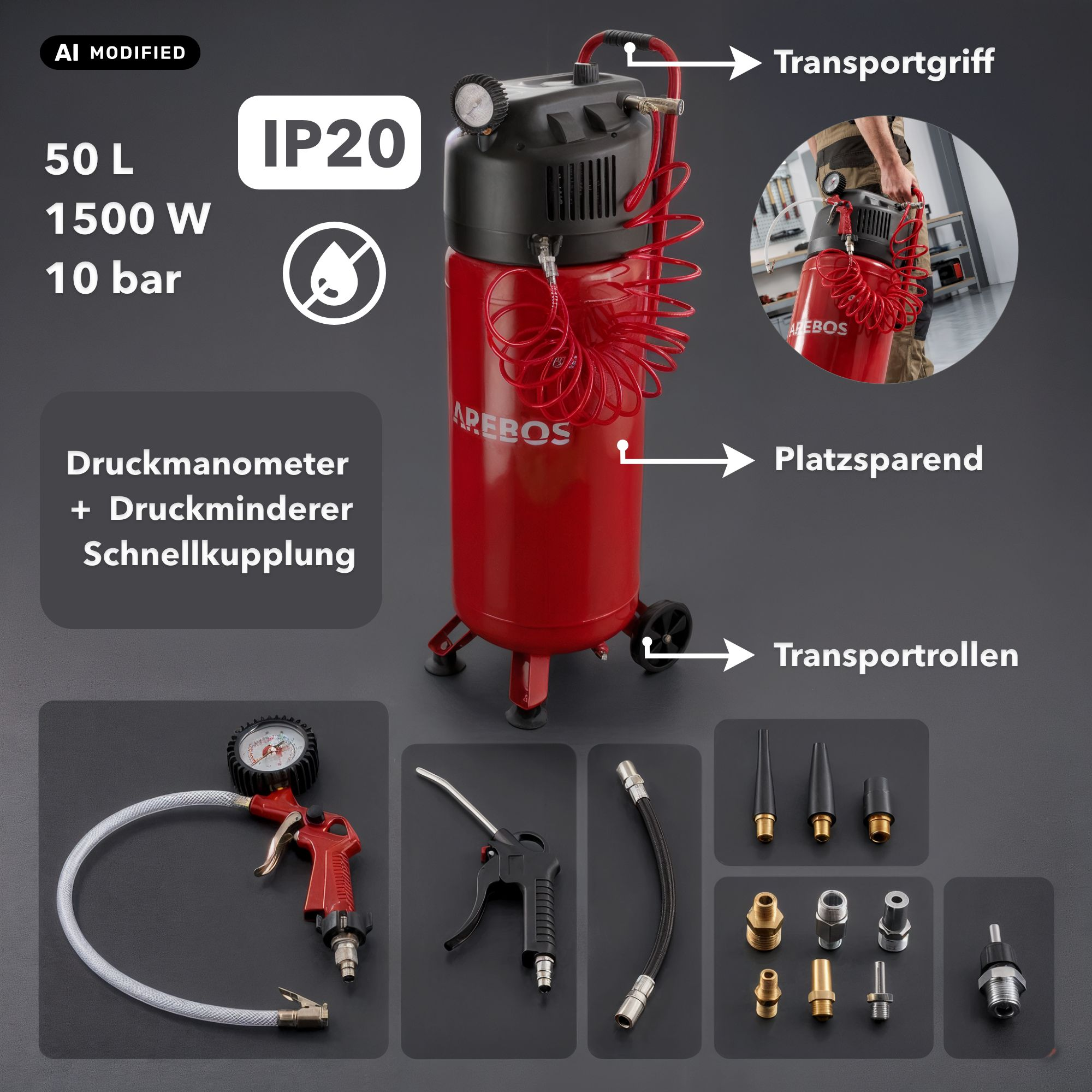 Roter vertikaler Kompressor 50L mit Zubehörteilen und deutschen Beschriftungen.