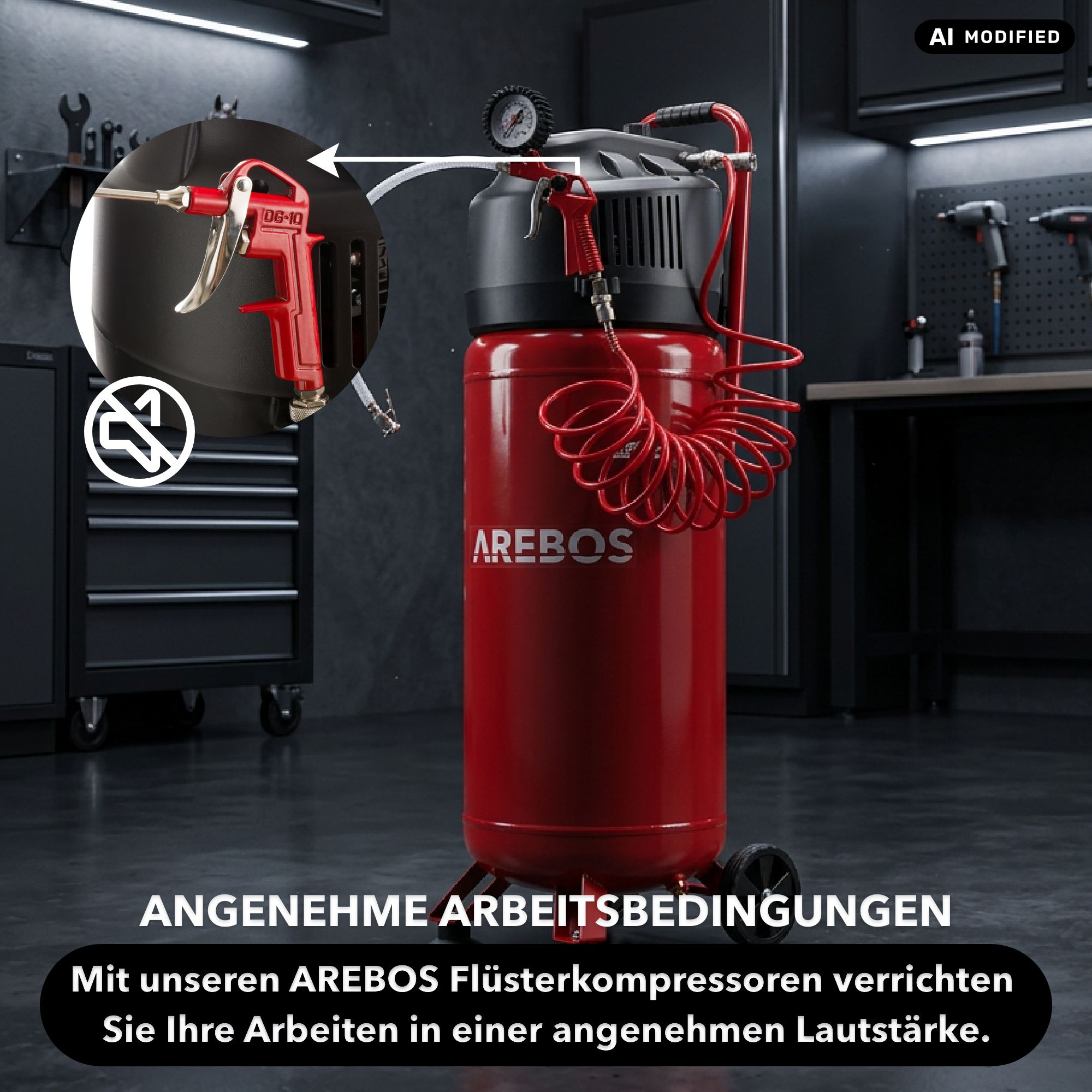 Ein roter Arebos Vertikal-Luftkompressor mit Spiralschlauch und Manometer in einer Werkstatt.