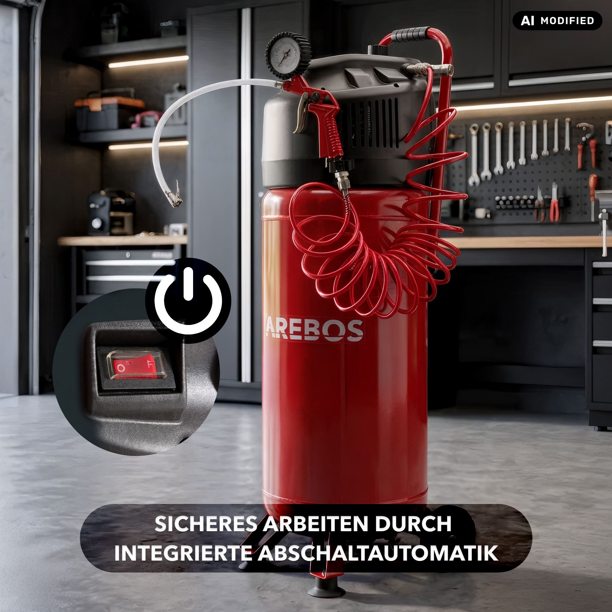 Ein roter Arebos Kompressor in einer Werkstatt mit rotem Spiralschlauch und vergrößertem Ein-Aus-Schalter.