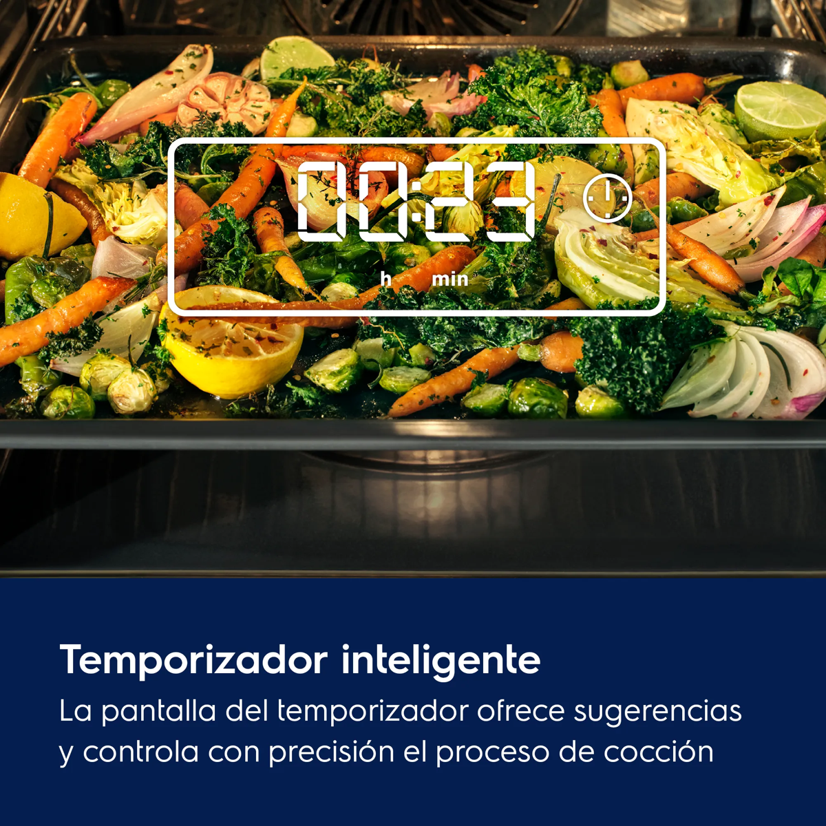 Verduras asadas en el horno con temporizador y texto en azul.