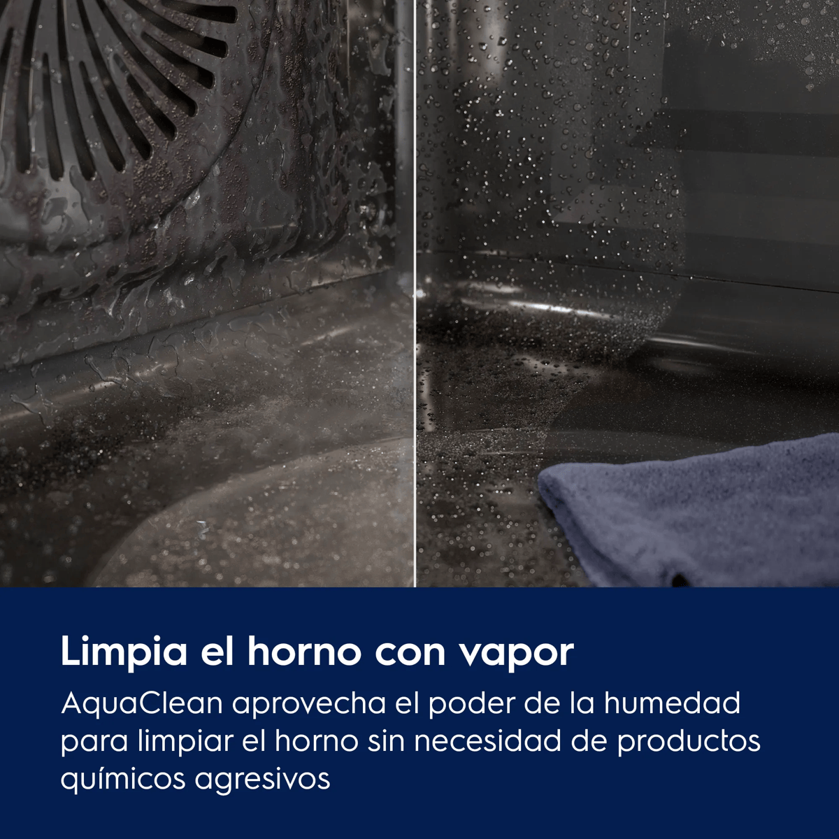 Limpieza a vapor de un horno con gotas de agua y un paño azul.