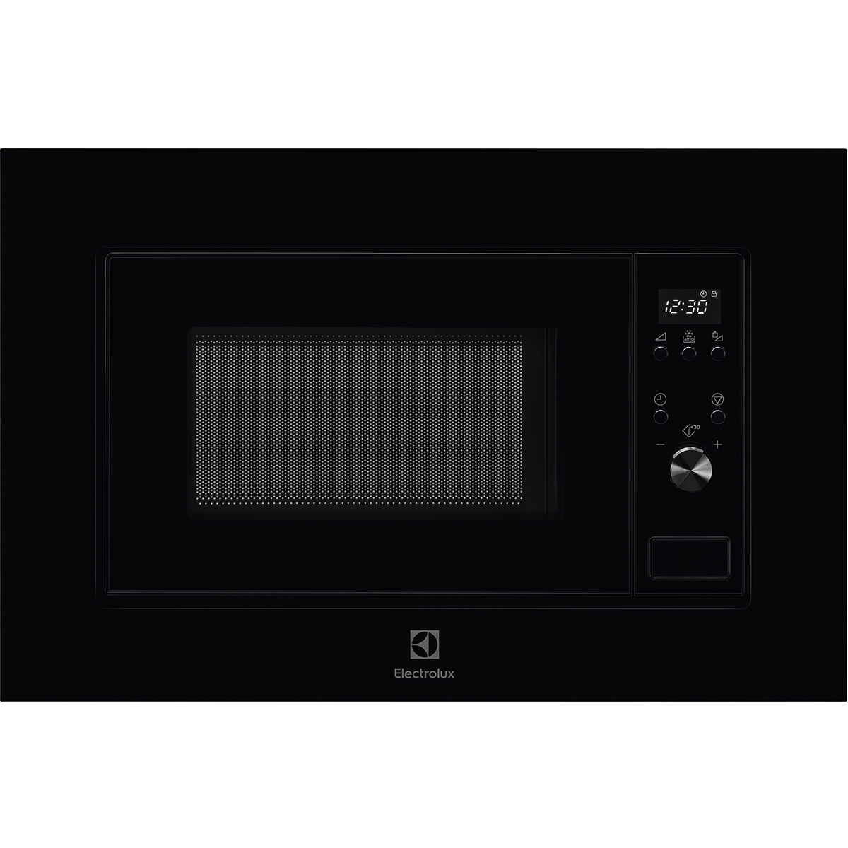 Un microonde Electrolux nero con display digitale e manopola di controllo su sfondo nero.