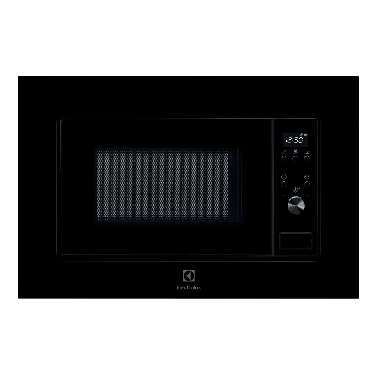 Un microonde da incasso Electrolux nero con display digitale, comandi a sfioramento e manopola argentea.