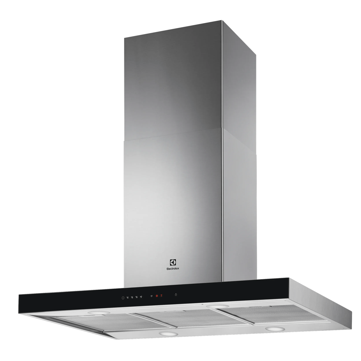 Una moderna campana extractora Electrolux plateada con chimenea de acero inoxidable y luces integradas.