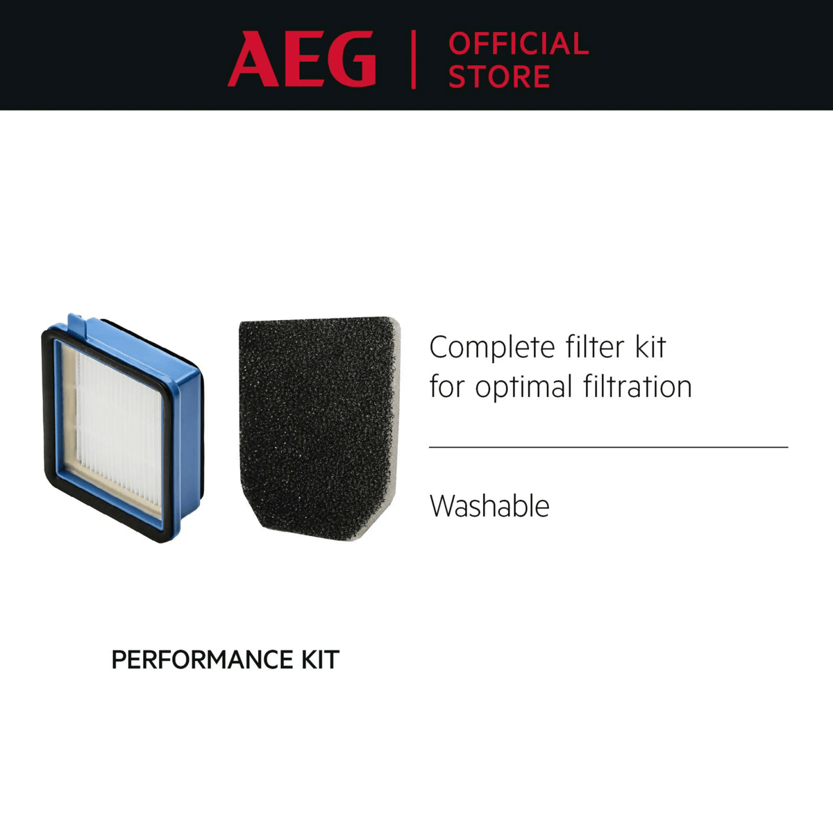 Kit de filtros AEG con un filtro HEPA azul y un filtro de espuma negro, lavable.