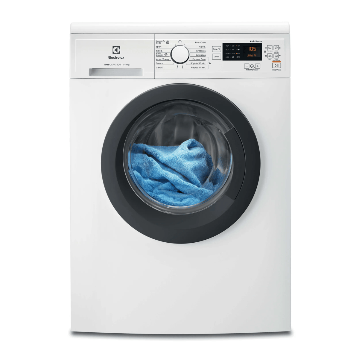 Una lavadora frontal blanca Electrolux con una toalla azul dentro.