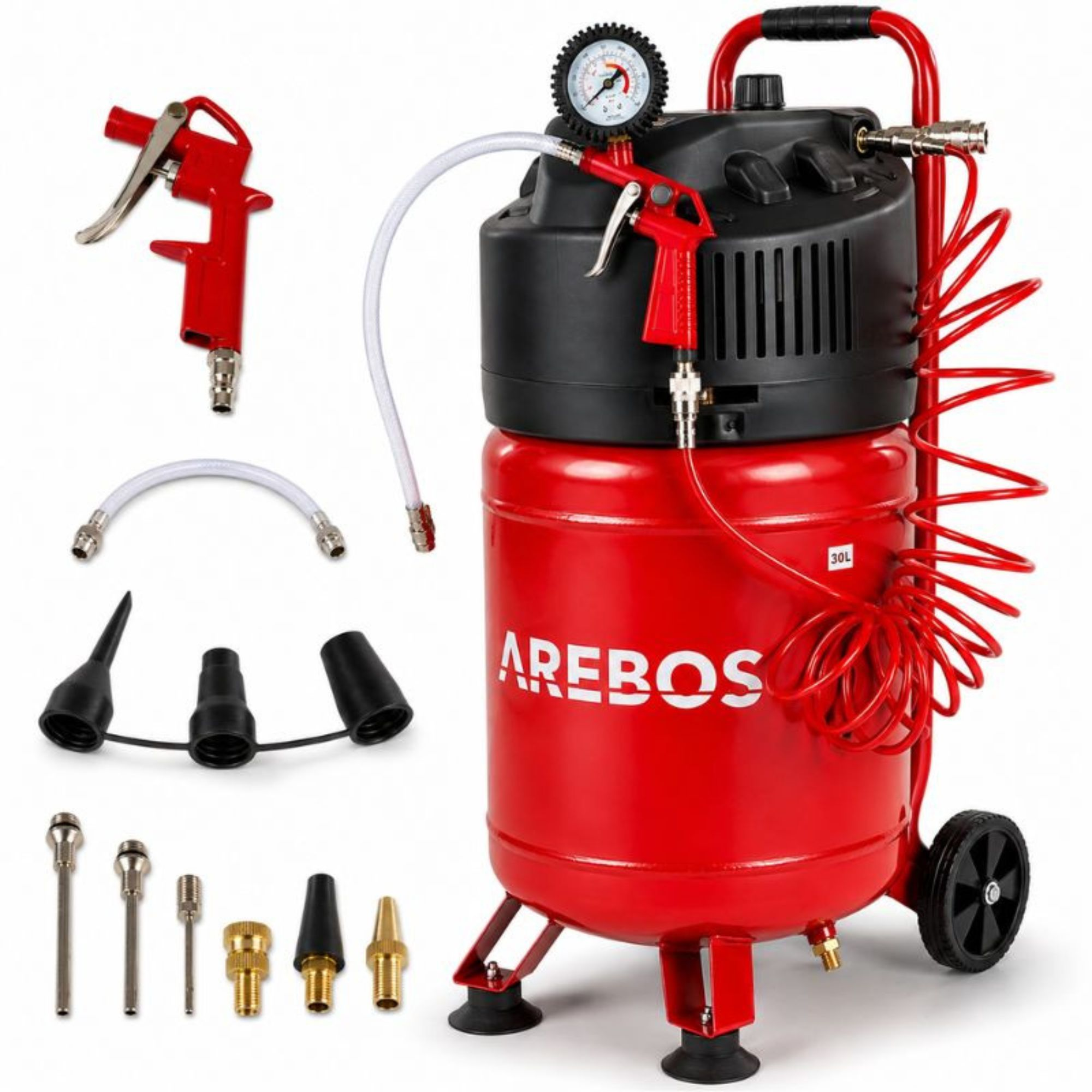 Roter Arebos-Luftkompressor mit 30L Tank, Rädern und verschiedenen Aufsätzen sowie Schläuchen auf weißem Hintergrund.