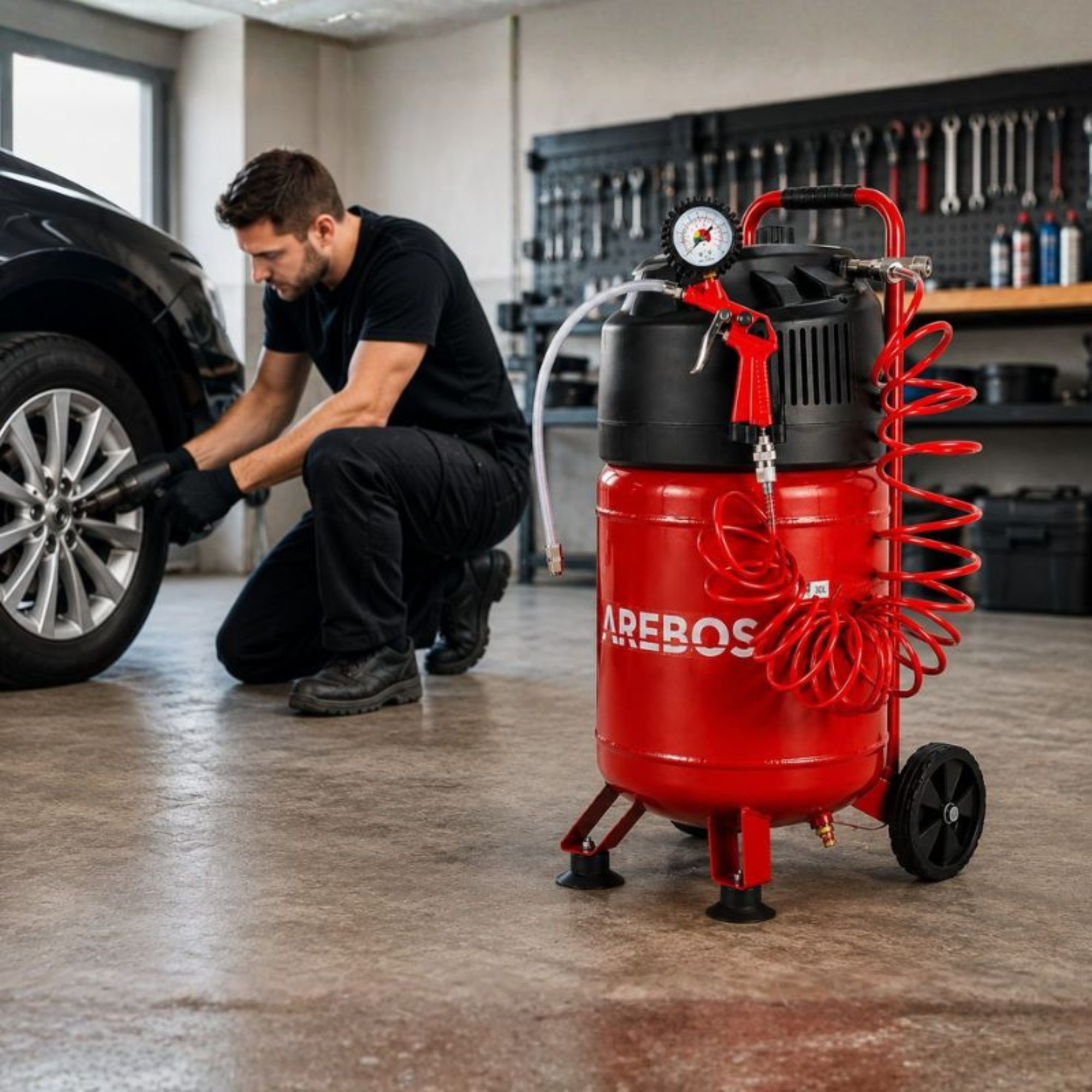 Ein roter Kompressor steht in einer Werkstatt, während ein Mechaniker im Hintergrund ein Auto repariert.