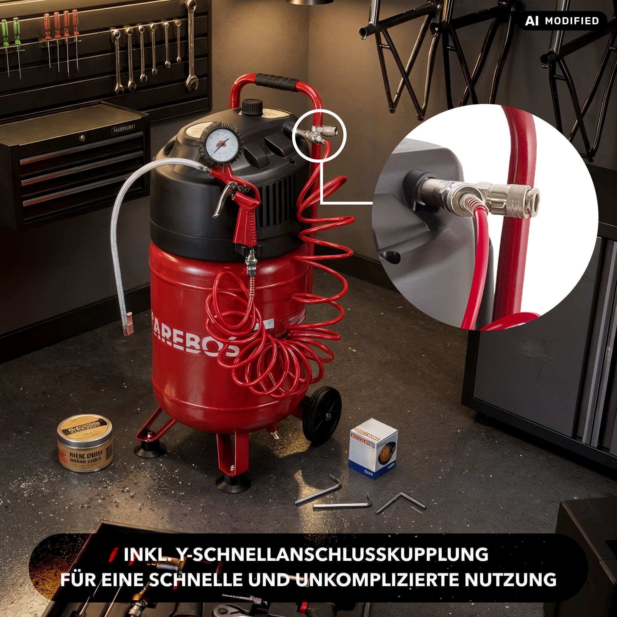 Roter vertikaler Kompressor mit schwarzem Oberteil, Spiralschlauch, Manometer und Lupe mit Schnellkupplung.