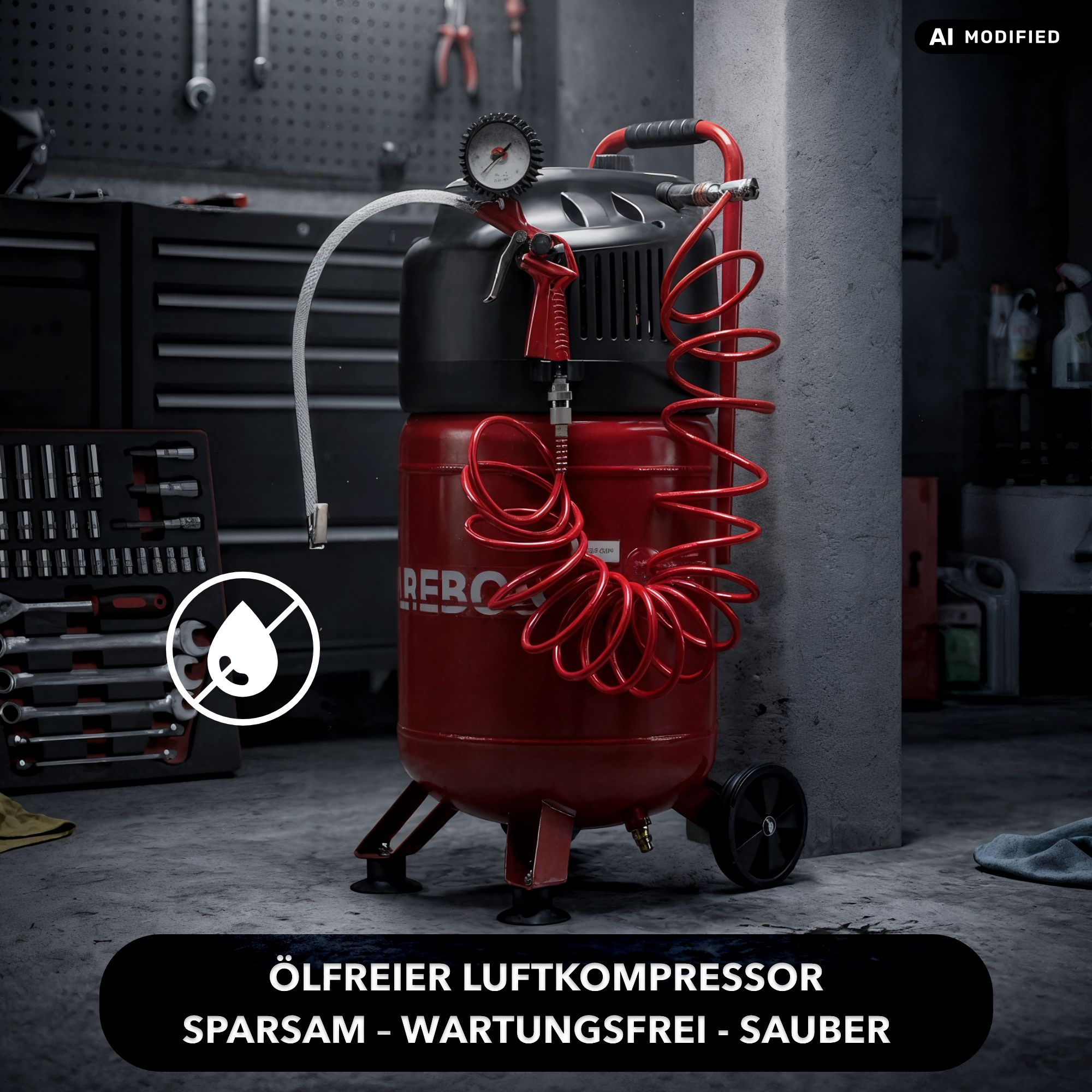 Ein rot-schwarzer ölfreier Luftkompressor steht in einer Werkstatt mit Werkzeug im Hintergrund.
