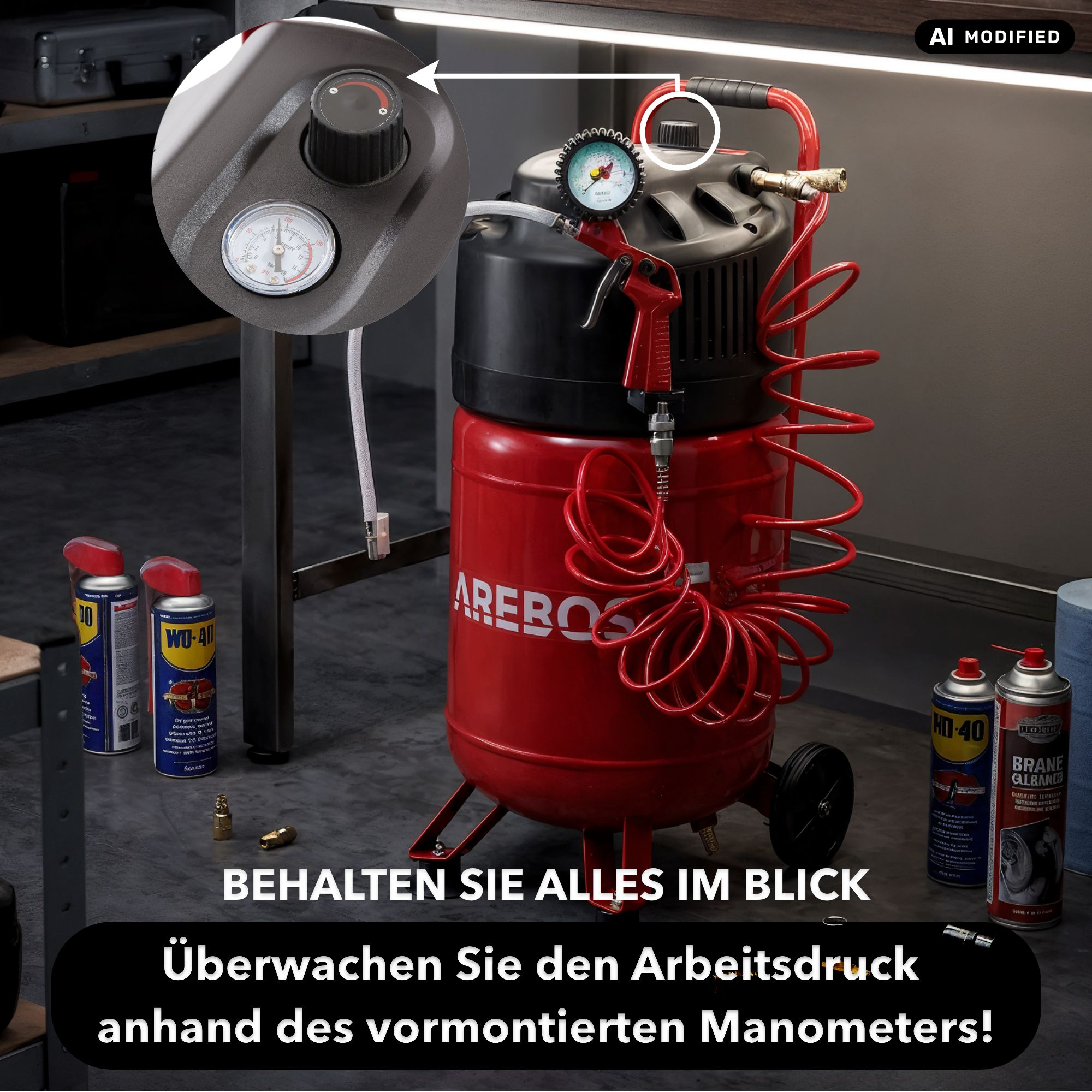 Ein rot-schwarzer Kompressor mit Spiralschlauch und Manometer in einer Werkstatt.