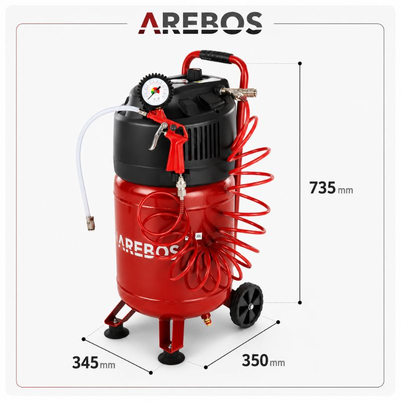 Roter Arebos Kompressor mit schwarzem Motor, Druckmesser, Spiralschlauch und Maßangaben in Millimetern.